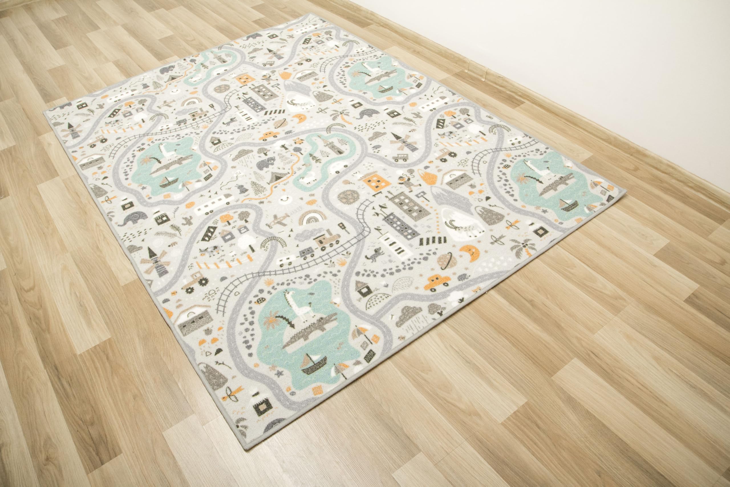 Kinderteppich Pastell Straßen Grau, Minze 200x250 cm Teppiche für EIN Kinderzimmer mit kurzem Flor, Teppich für einen Jungen, Mädchen, Kinderteppich, Kids Carpet, Schiffe, See