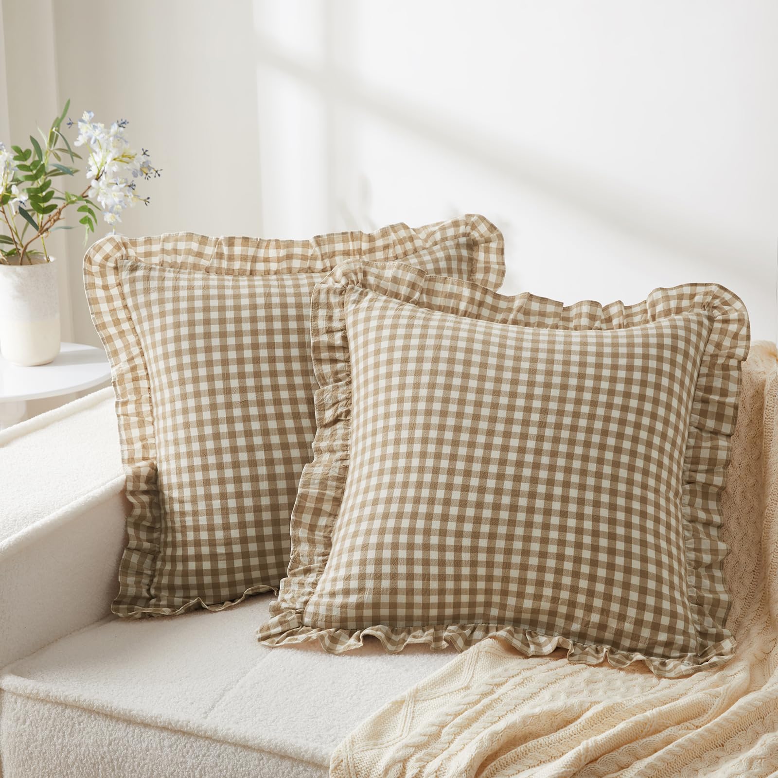 Photo 1 of KKJIAF Ruffle Gingham Pillow Covers 26 x 26 Inches, Cotton Plaid Throw Pillow Shams Set of 2, Linen Feel Ruffled Plaid Pillow Cases with Envelope Closure for Sofa Bed (Taupe/White Plaid)