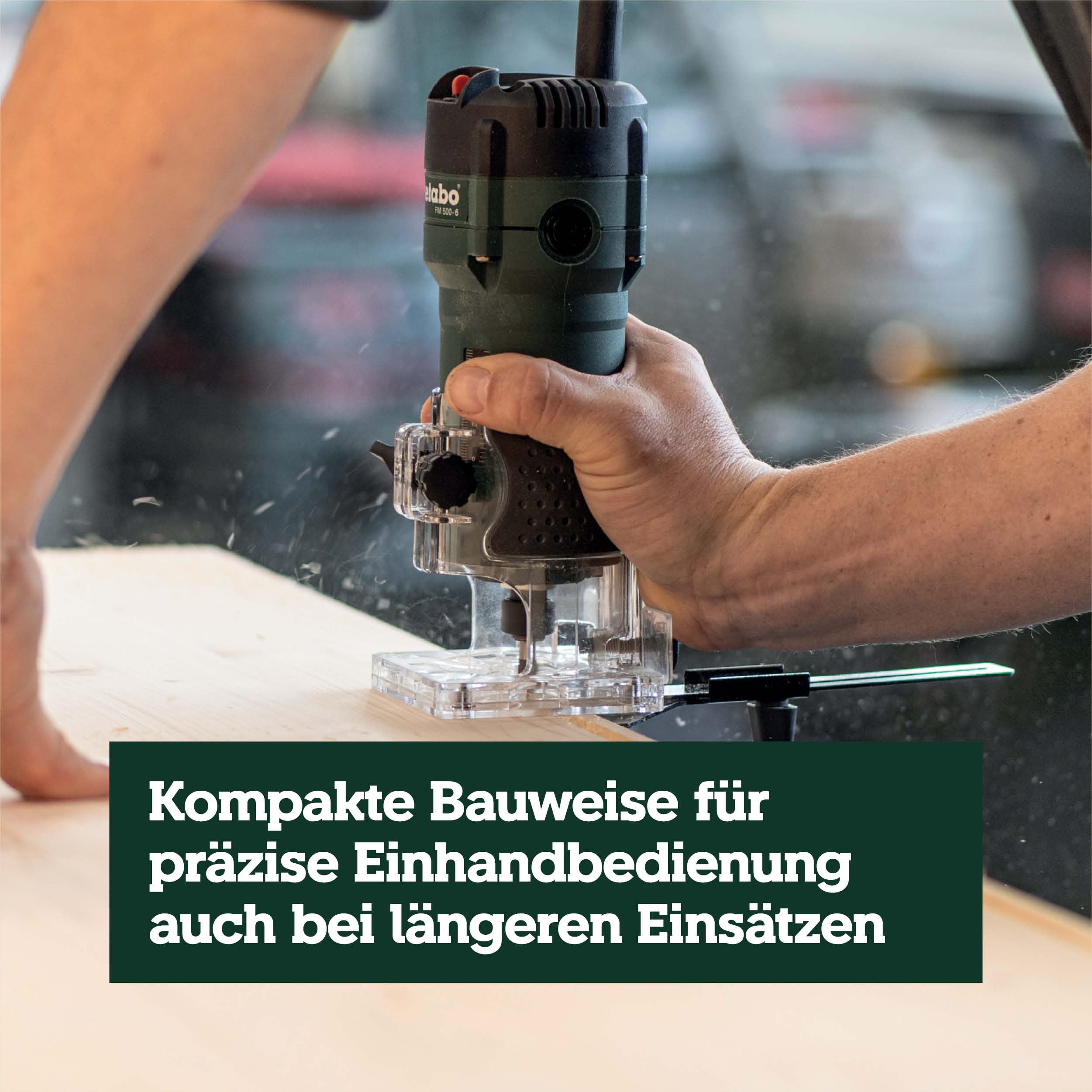 metabo Kantenfräse FM 500-6, 500 W Oberfräse für Holz mit 6 mm Spannzange | Kompakte Einhandfräse mit 32.000 U/min, stufenlose Tiefeneinstellung, inkl. Parallelanschlag & Rollenführung