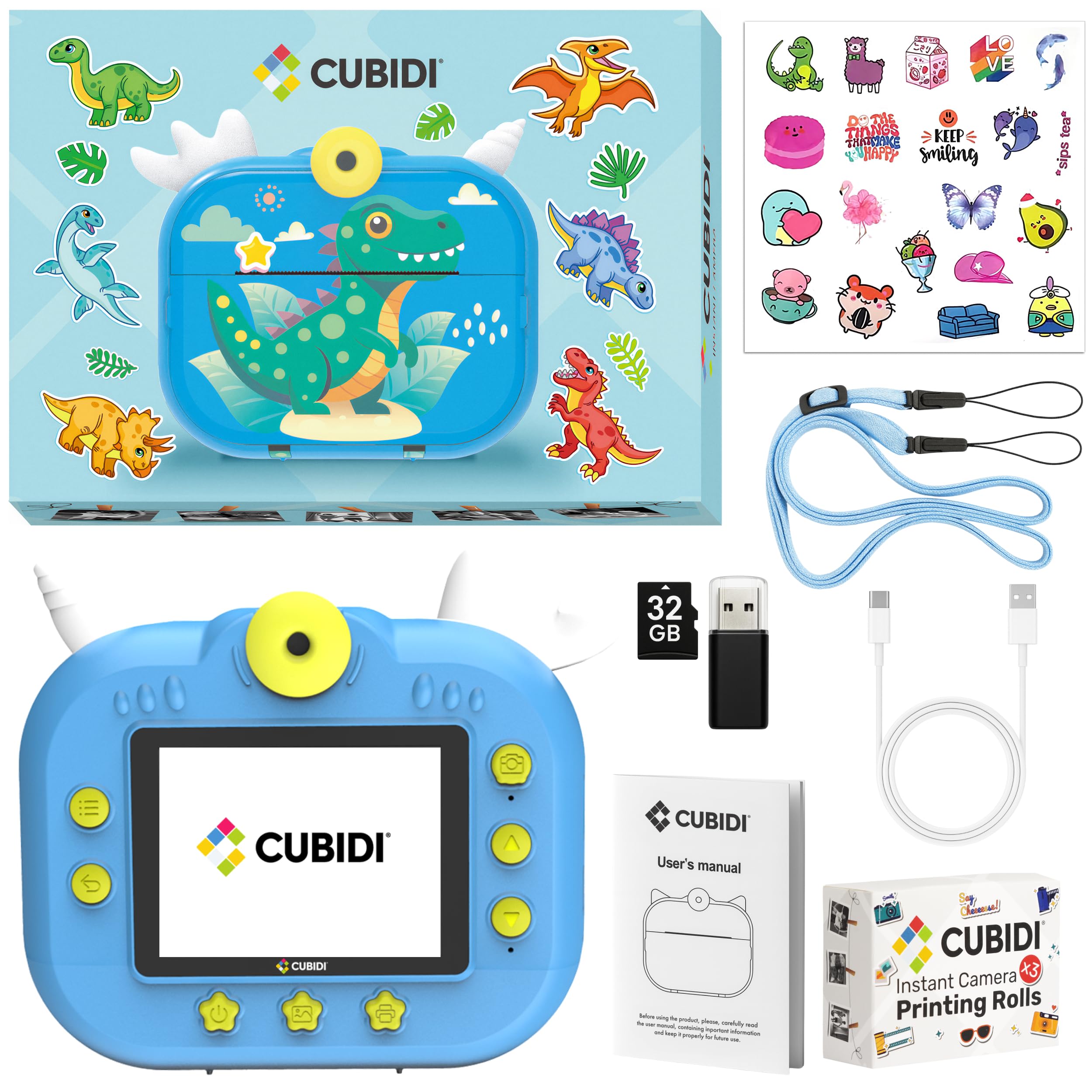 CUBIDI® Camara Fotos Infantil Instantanea – Cámara de Fotos Infantil con Impresión Térmica Sin Tinta con Lente 180° y Tarjeta 32 GB Incluidos. para Niñas y Niños 3-12 Años. Dinosaurio Azul.