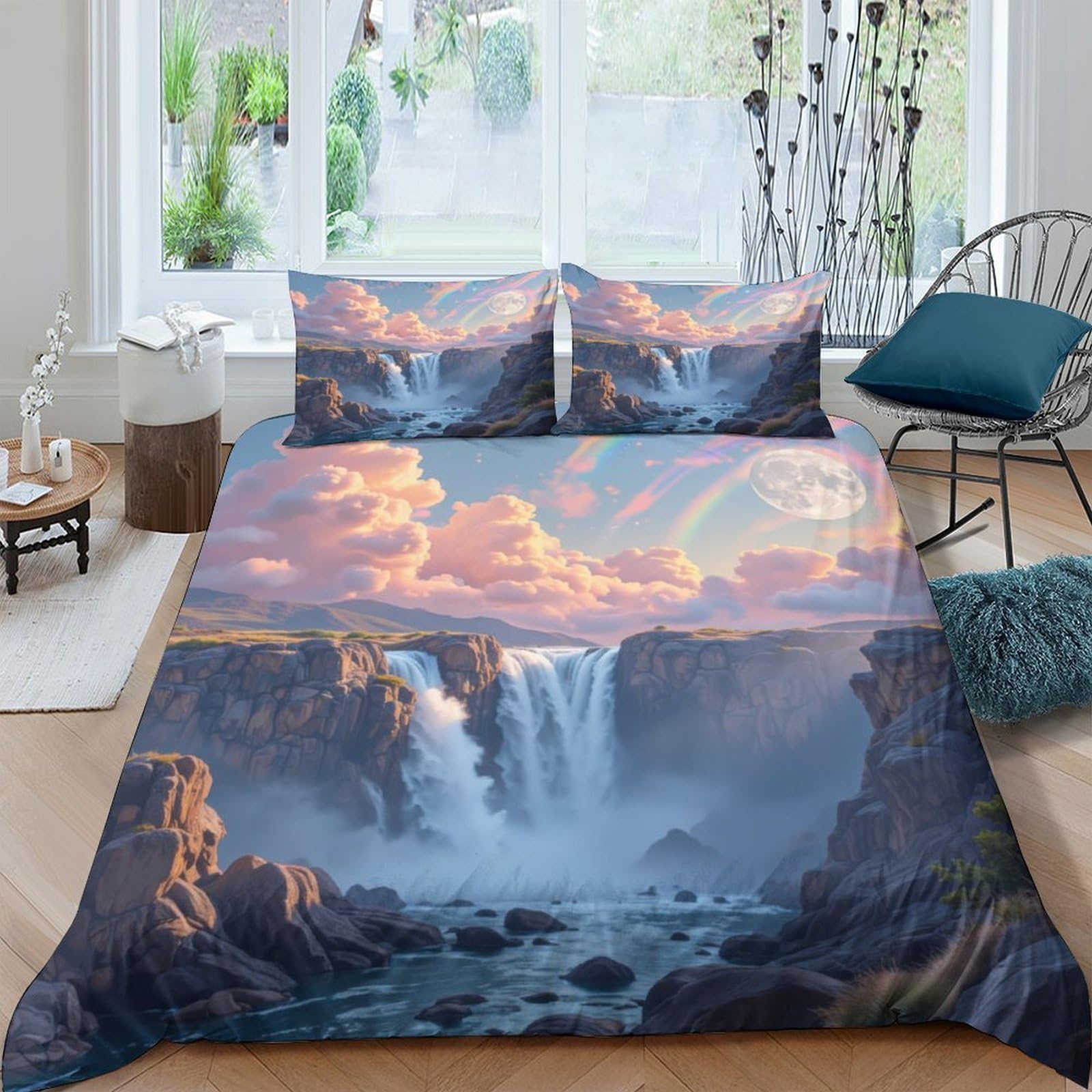 Ctjqhvkz Style-3 3D Printed Waterfall Sunset Fitted Sheet Microfiber Non Slip Soft Bed Cover For Bedroom Guest Room Decor Single（135X200cm）