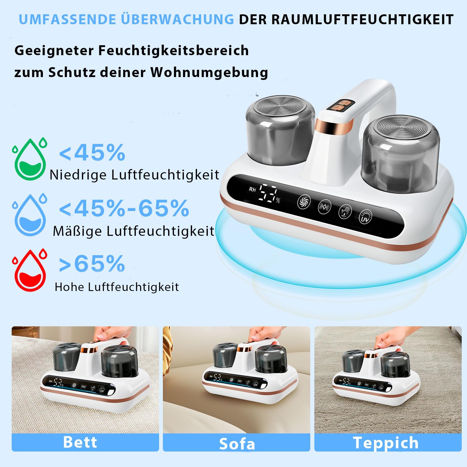 Kabelloser Matratzensauger 1000 W mit UV-Licht und Milbensensor, LED-Anzeige, entfernt 99,9% Allergene weiß