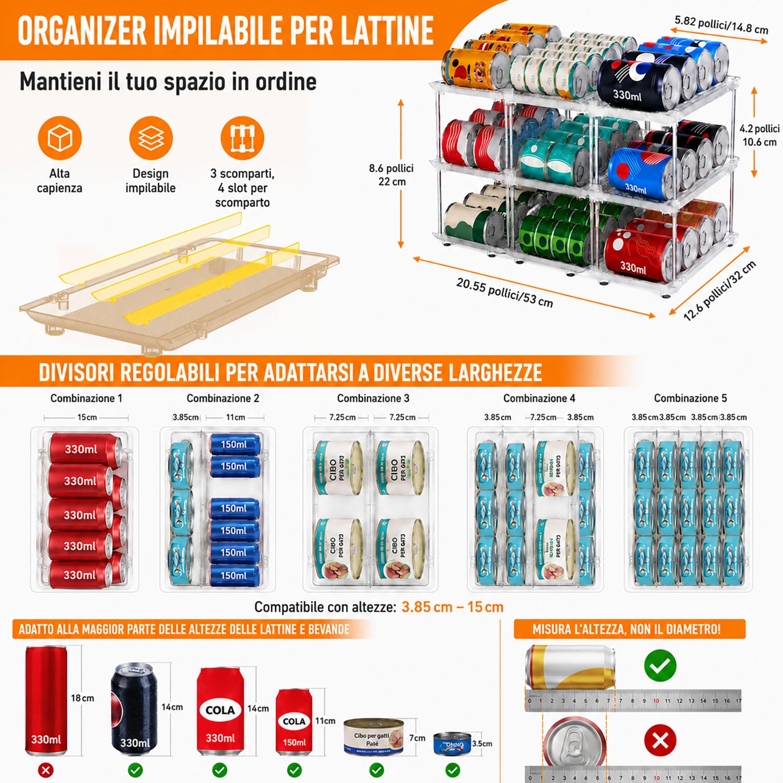 Organizzatore per Lattine e Barattoli da Conserva per Dispensa – Distributore a 3 Livelli Impilabile per Armadio Cucina e Frigo – Sistema di Conservazione Regolabile per Conserve, Bibite e