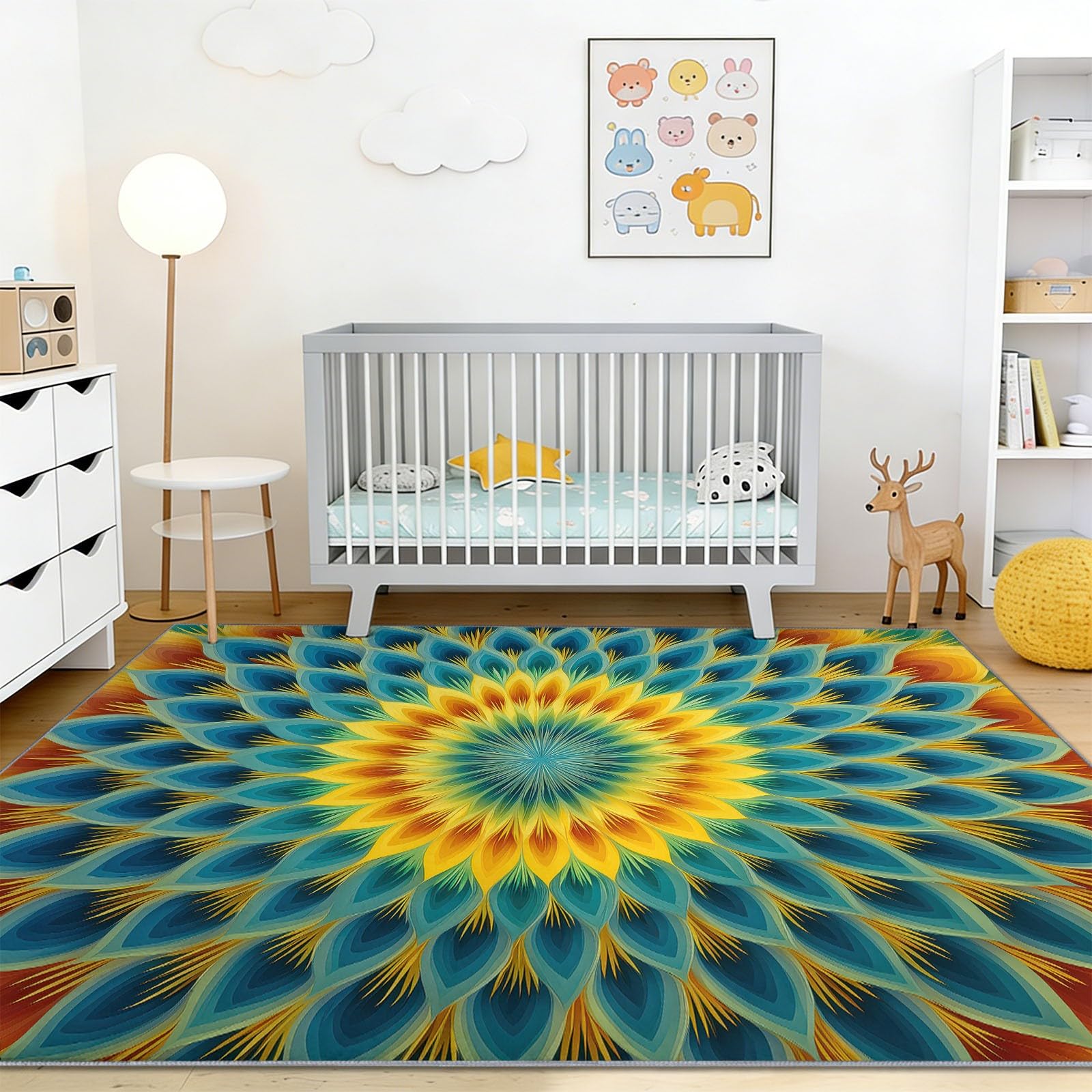 Blumen Federn Linien Pflegeleicht Teppich Waschbarer 100 x 150 cm, für Wohnzimmer Schlafzimmer Esszimmer Büro, Bohemien Abstrakt rutschfest Kurzflorig Weich Teppich, Blau Gelb