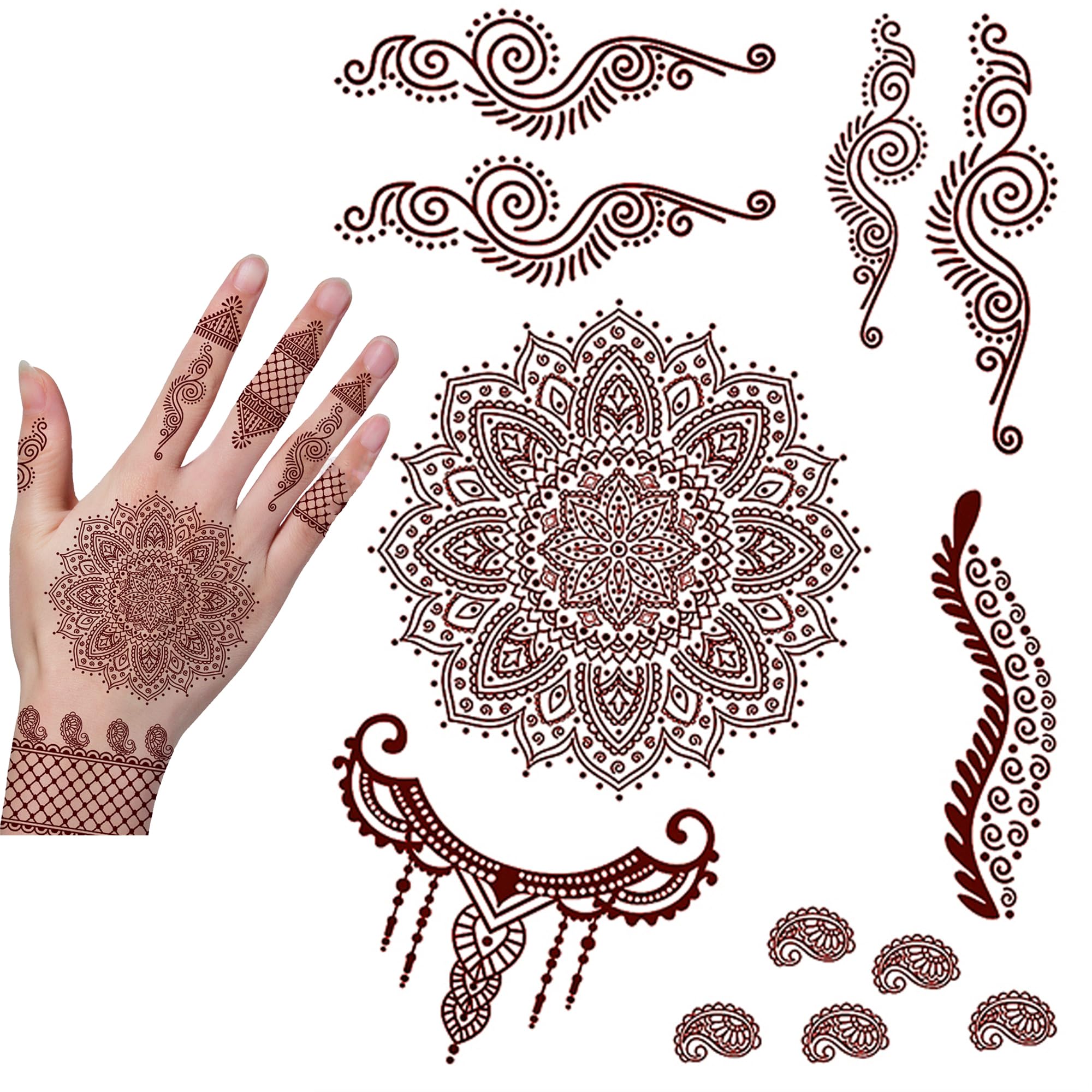 KESRIN+ Mehndi Stickers for Women & Girls - Waterproof Henna Tattoo Stickers Mandala & Lotus Flower Design Hand & Arm Band Tattoos (Brown, 13)-picture-42