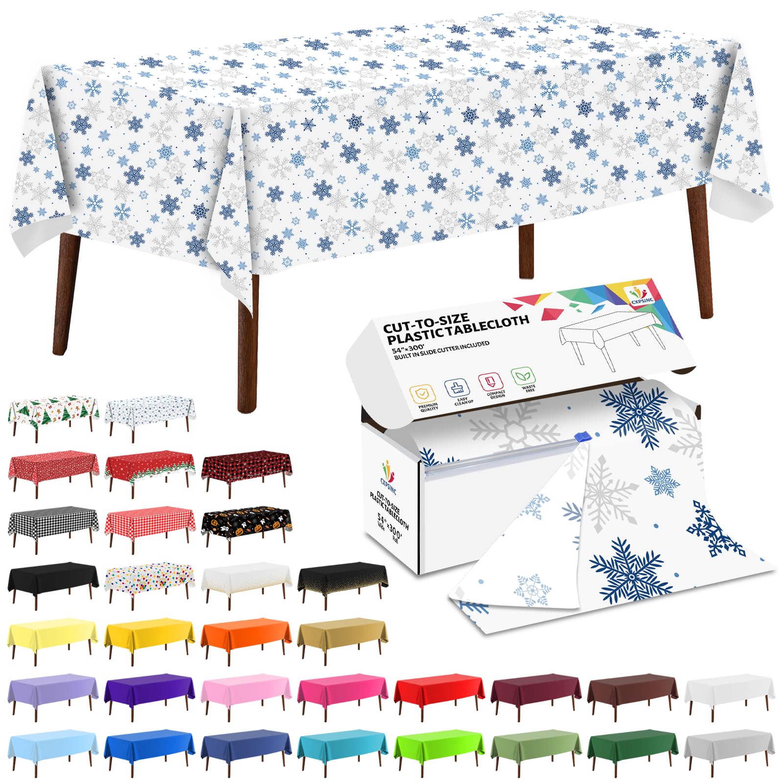 CXPSINC 54 Inch X 300 Feet Plastic Table Cover Roll Disposable Tablecloth with Slide Cutter for All Type/Shape Tables | Party, Banquet, Birthdays, Weddings(Christmas Blue Snowflake, 300 Feet) โ image 1