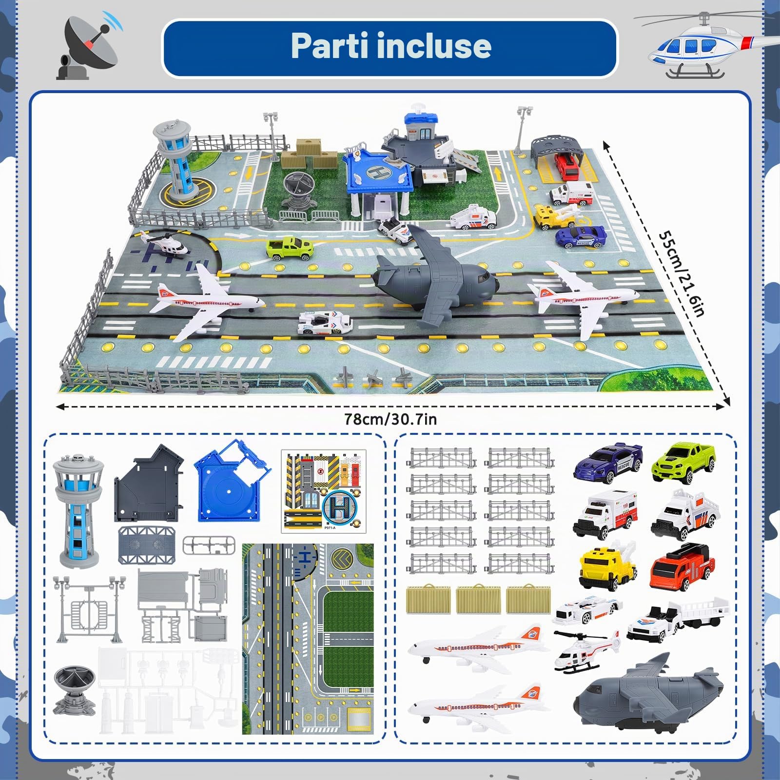 deAO City Aeroporto Giocattoli, Edificio del Terminal Aeroportuale, Torre Radar, 11 Mezzi di Trasporto: Carrelli Portabagagli, Veicoli della Polizia, Aereo di Linea, Posto di Blocco Stradale, 3 Anni+