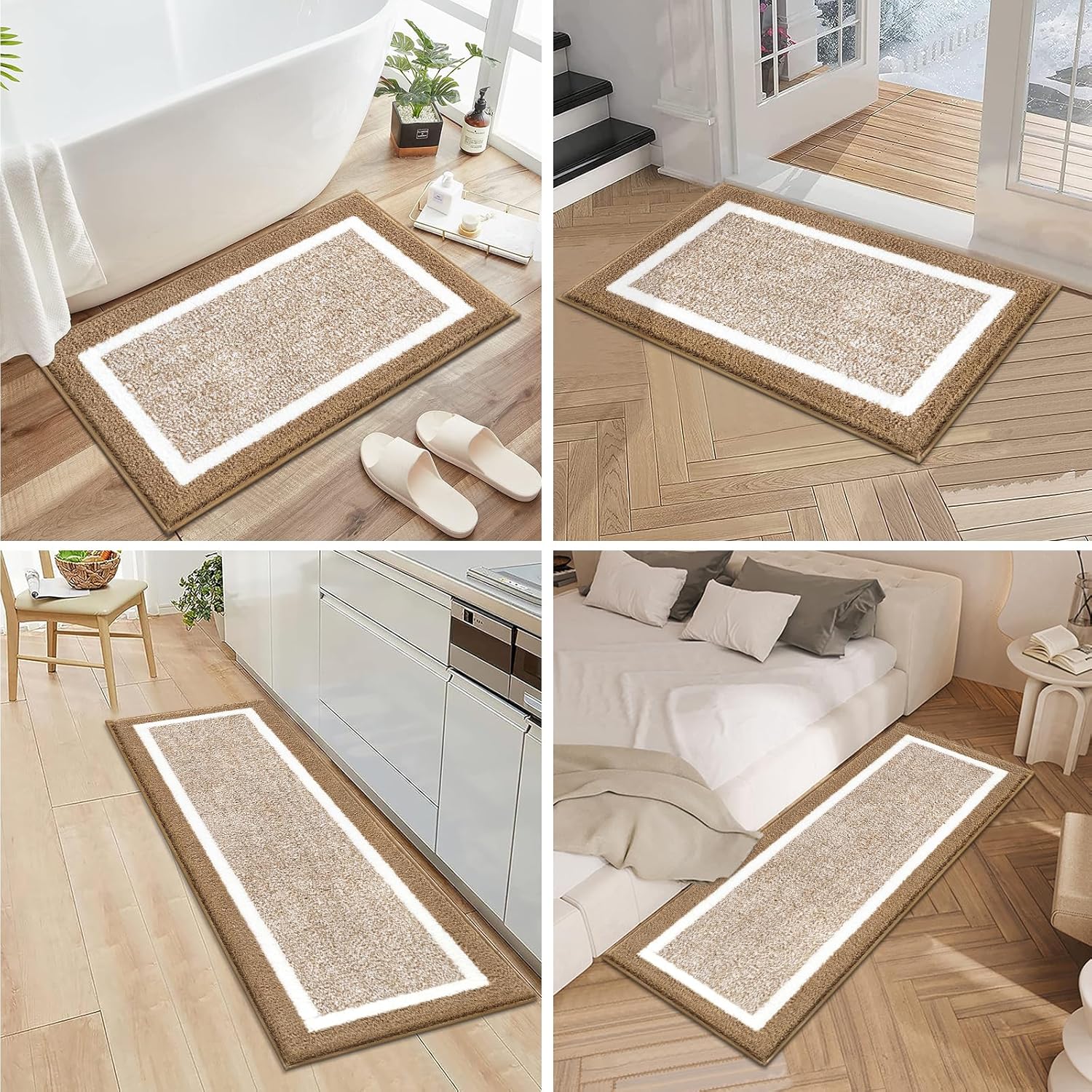 Pauwer Bathroom Rugs Sets 3 Piece Bathroom Shower Rugs with U-Shaped Contour Toilet Mat Absorbent Microfiber Plush Non Slip Bath Mats Machine Washable Shaggy Bath Floor Mat, Khaki