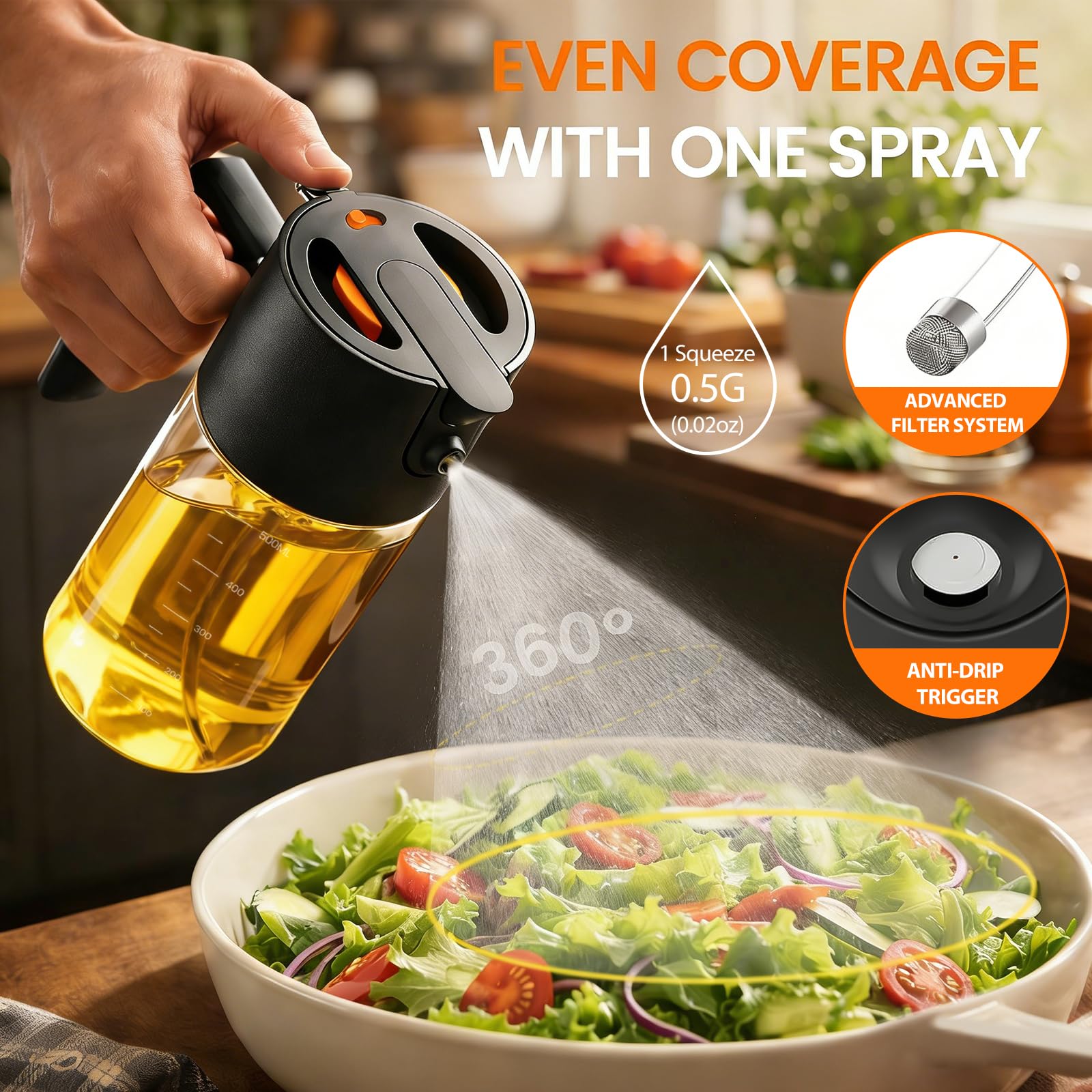 Costop Pulverizador profesional de aceite de vidrio de 500 ml, herramienta de cocina 3 en 1: niebla fina, flujo y vertido, diseño a prueba de fugas para freidora de aire, barbacoa y cocina, sin BPA