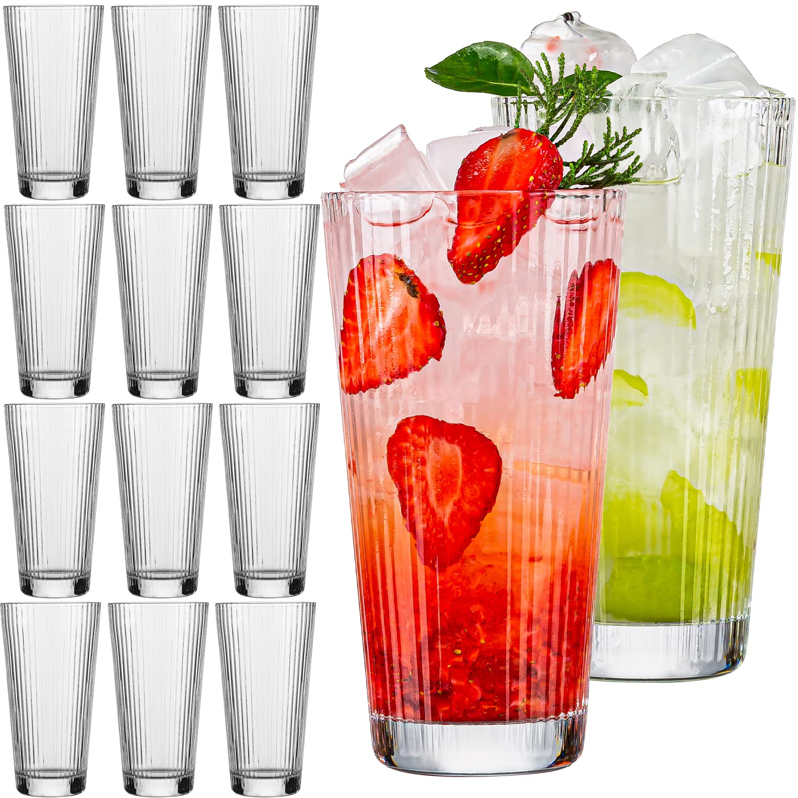 12 pcs Drinking Glasses Origami Style Highball Glasses 10oz Glass Cups Elegant Ripple Vintage Glassware Coffee Glasses Durable
