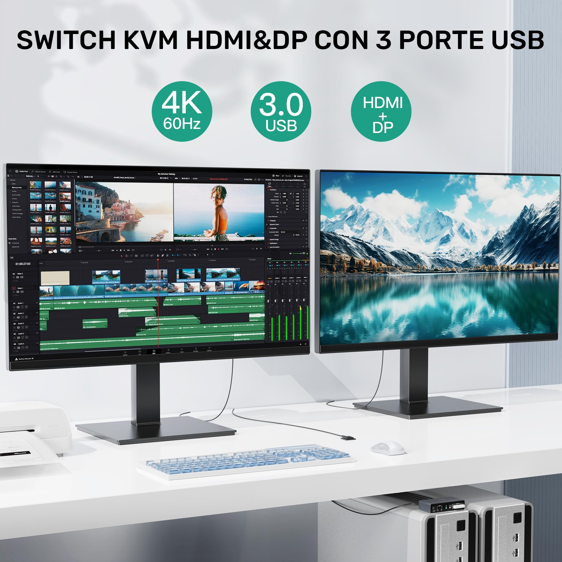 SUIDEK Commutatore KVM HDMI Displayport, 2 computer 2 monitor 4K@60Hz Commutatore KVM a doppio monitor per 2 PC, 3 porte USB 3.0 Supporto modalità estesa/specchio