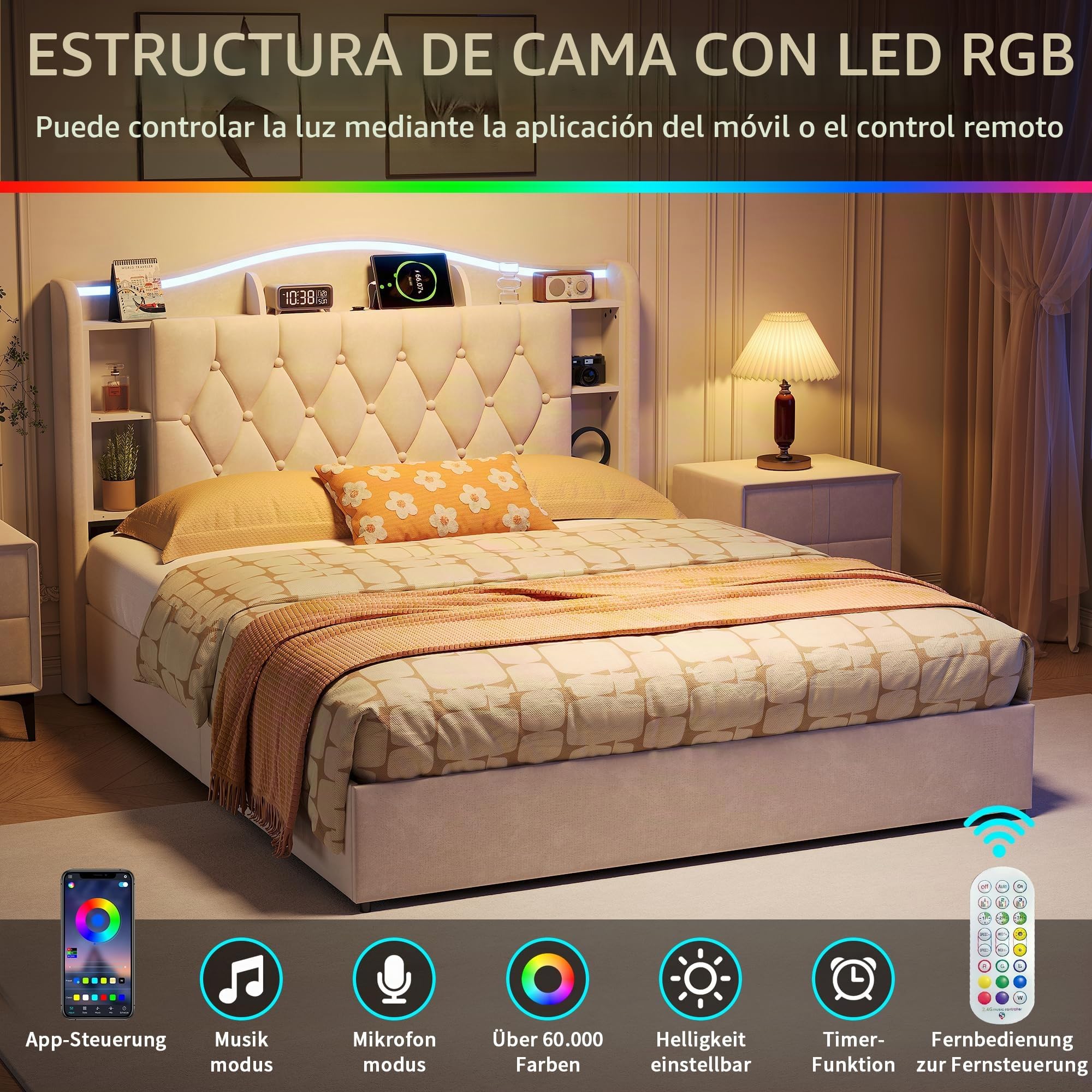 Cama de matrimonio de 160 x 190 cm con contenedor hidráulico, cama acolchada de terciopelo con LED RGB y USB/Type-C, cabecero con estantes de almacenamiento, estructura de cama con somier de láminas