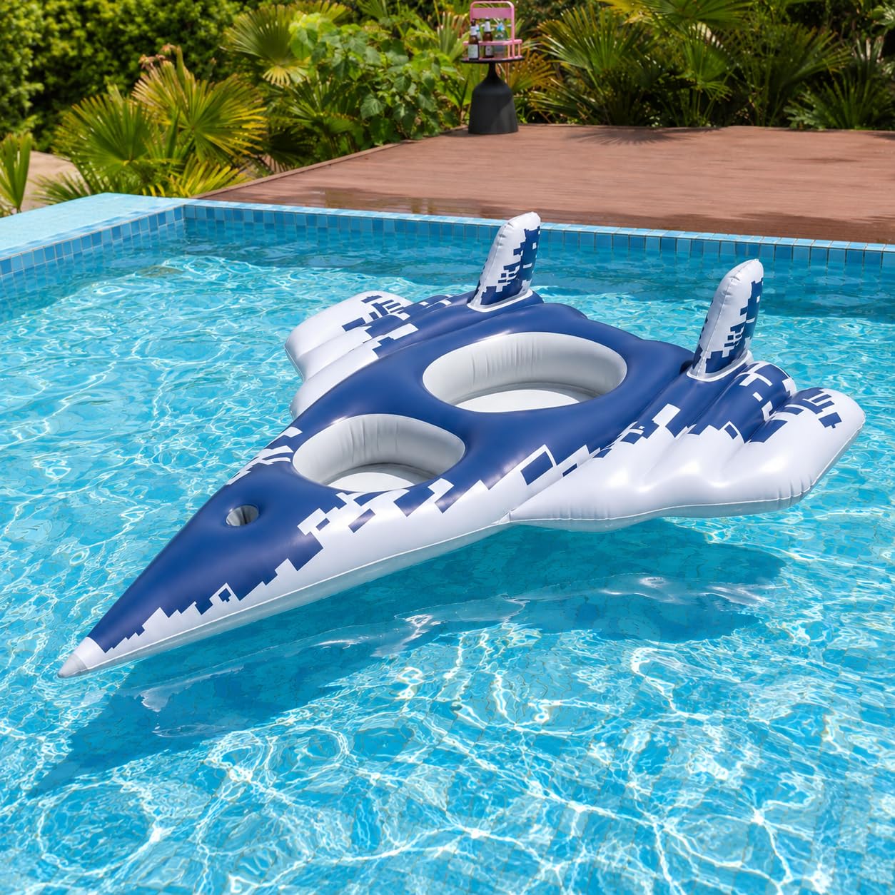 Galleggiante gonfiabile per piscina con pistola ad acqua, mimetica digitale blu, opzioni per pilota singolo e doppio per bambini e famiglia