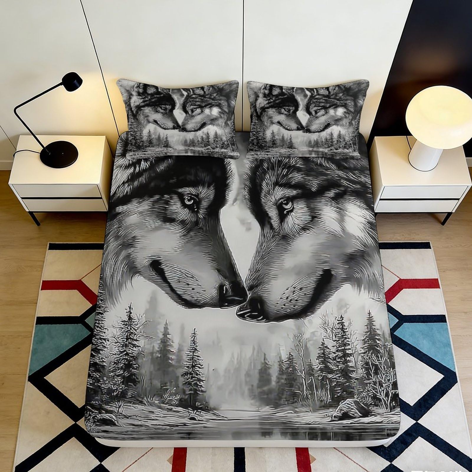 3D Printed Wolf Forest Fitted Sheet Microfiber Deep Pocket Non-Slip Wolf Design Mattress Fitted Cover Bedroom Bedding for Adults 160x200x25cm