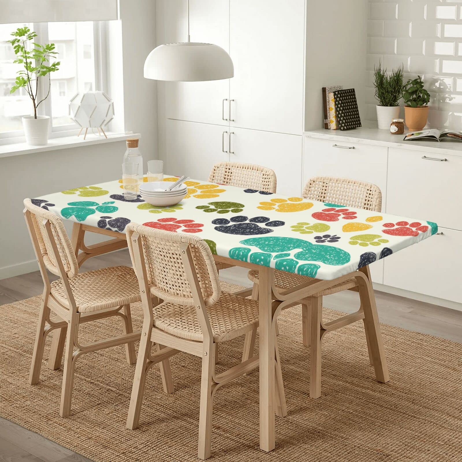 Tovaglia Rettangolare Con Stampe Di Zampe Di Gatto E Cane | Poliestere Impermeabile E Anti Macchia | 132x178 Cm Per Tavoli 4-6 Posti | Bordi Smerlati Boho