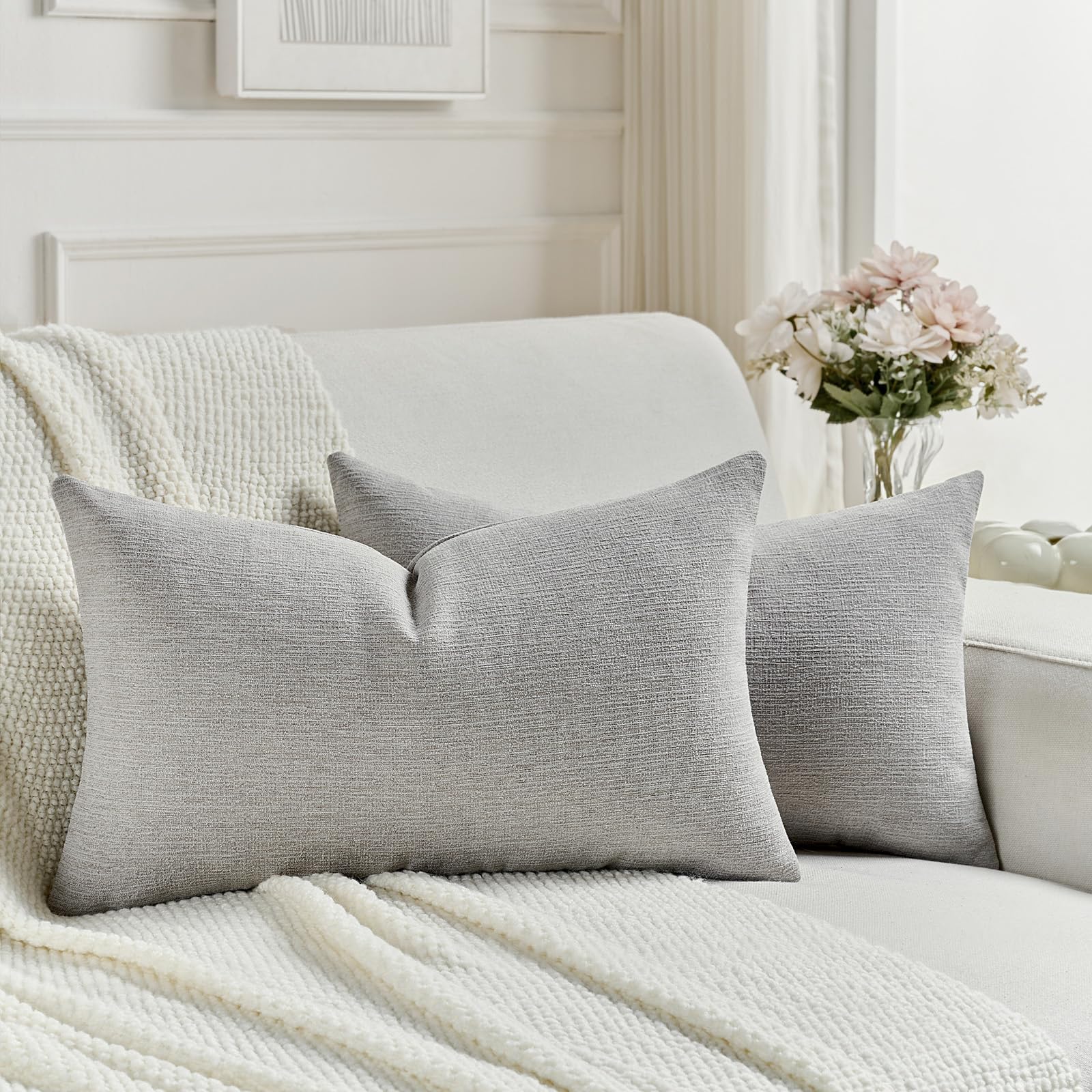 FUTEI Set of 2 Solid Chenille Cushion Covers 30 x 50 cm, Light Grey — image 1