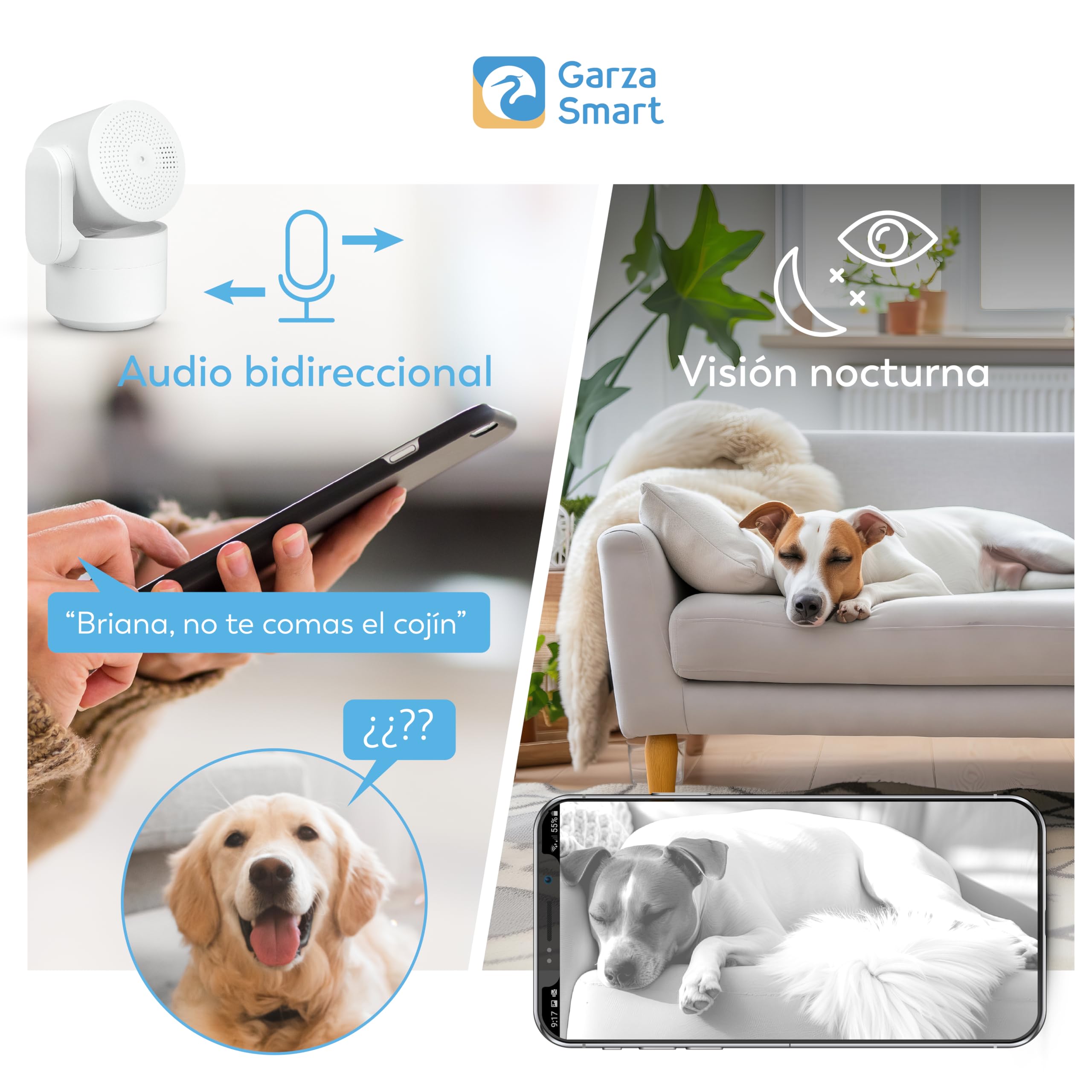 Garza - Pack Cámara de Vigilancia 360º Interior Inteligente IP WiFi 2.4GHz, 1080 HD, Visión Nocturna, Detección de Movimiento, Modo Privacidad, Control Remoto por App.