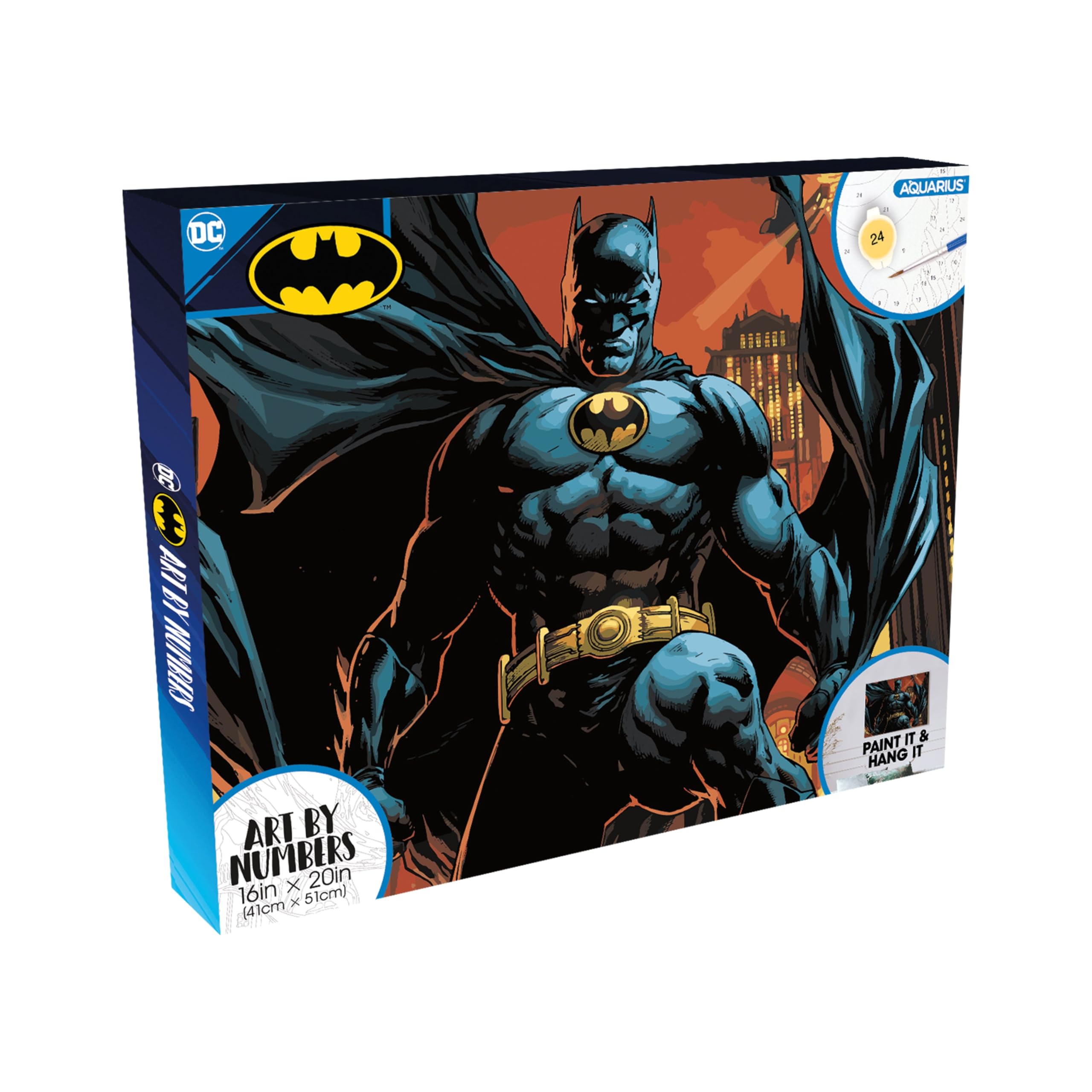 AQUARIUS Batman Art By Numbers Malset (40,6 x 50,8 cm gespannte Leinwand), 24 Farben, 3 Pinsel, fertig zum Aufhängen, offiziell lizenziertes DC Comics Sammlerstück – 40,6 x 50,8 cm