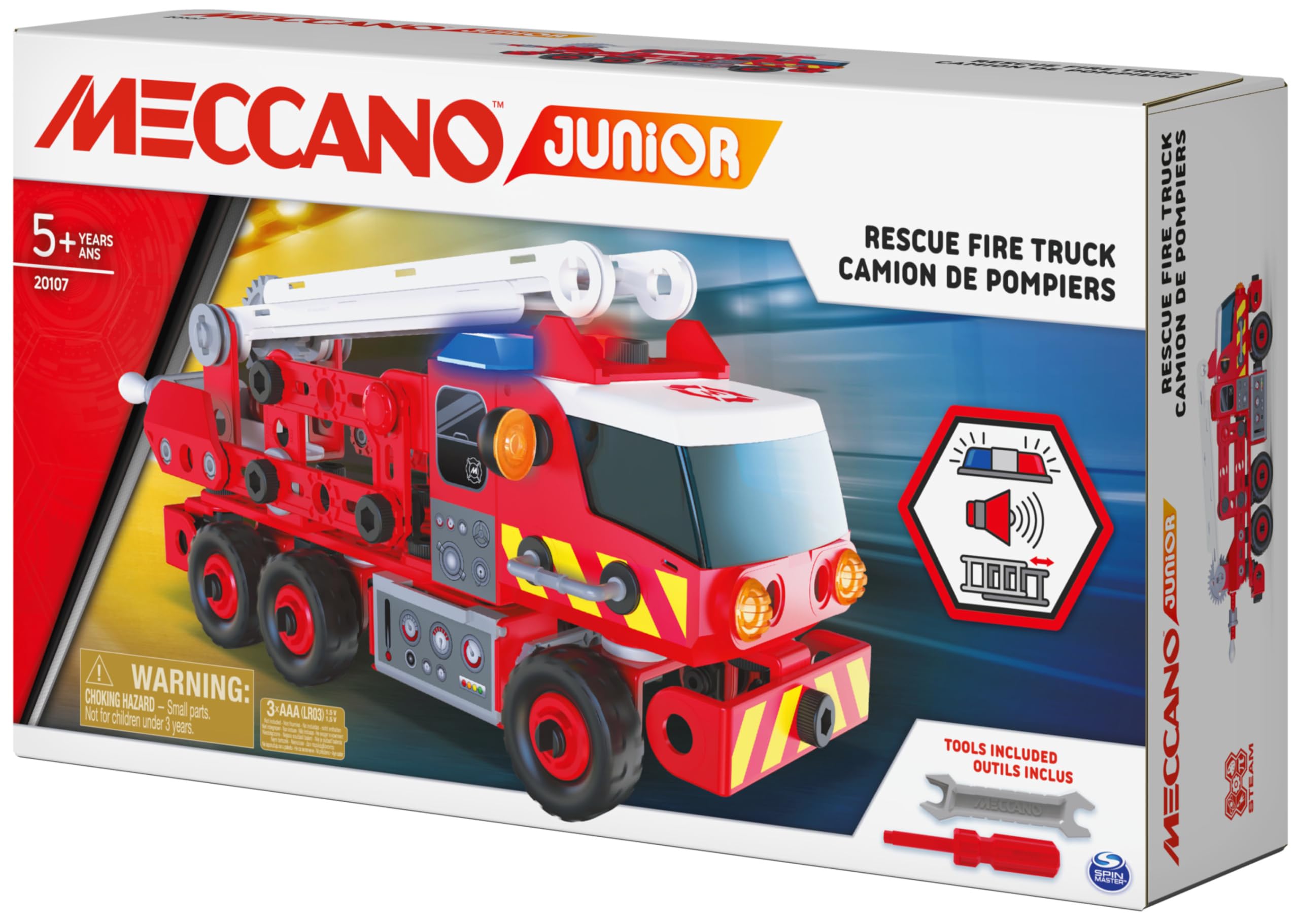 MECCANO - Camion DE Pompiers Junior - Jeu de Construction avec Sons, Lumières Et Outils - Camion de Pompiers de 150 pièces - Jeu Construction avec 2 Outils - Jouet Enfant 5 Ans et +