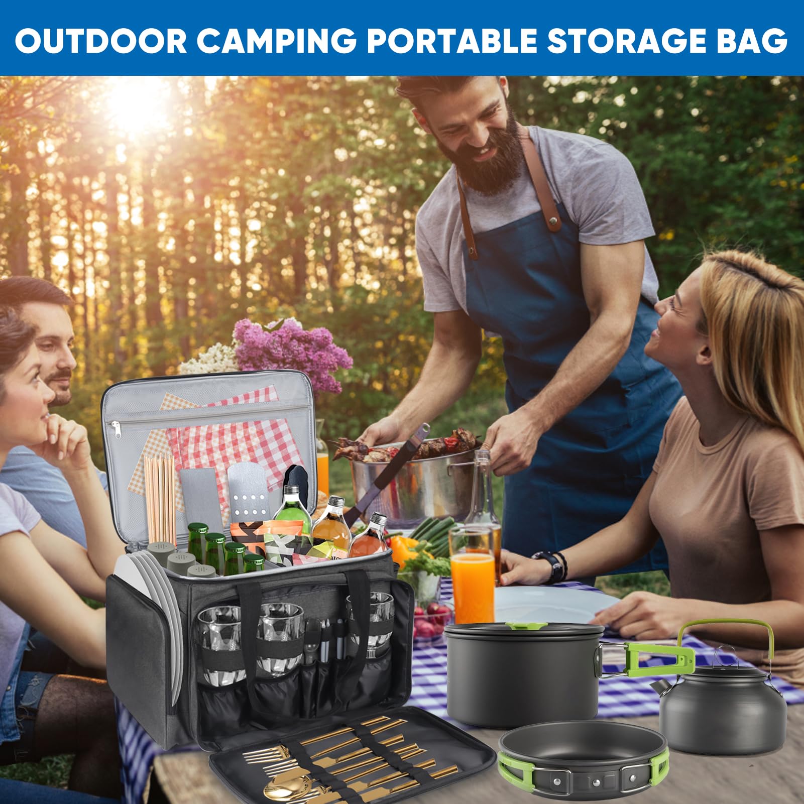 Bolsa de picnic multiusos, organizador de camping al aire libre, bolsa de almacenamiento para utensilios de cocina, vajilla, botellas de gas y especias, impermeable y duradera, 19.5 x 13.5 x 11