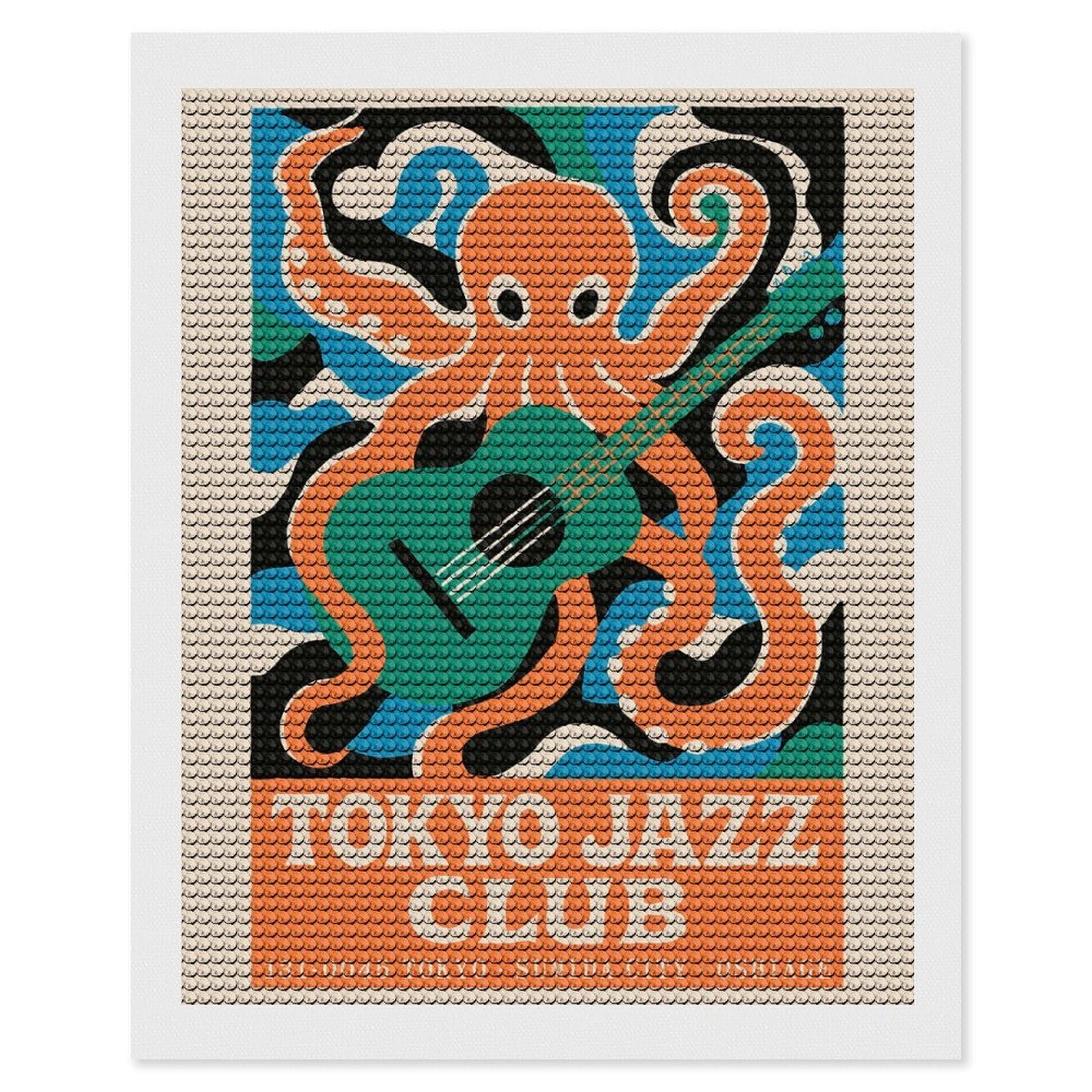 Junmoney Tokyo Jazz Club Octopus Guitar DIY Diamond Art Canvas Kit 16"x20", for Adults, Decorate Your Room, Gift Idea, Modern Decor, Finish and Display