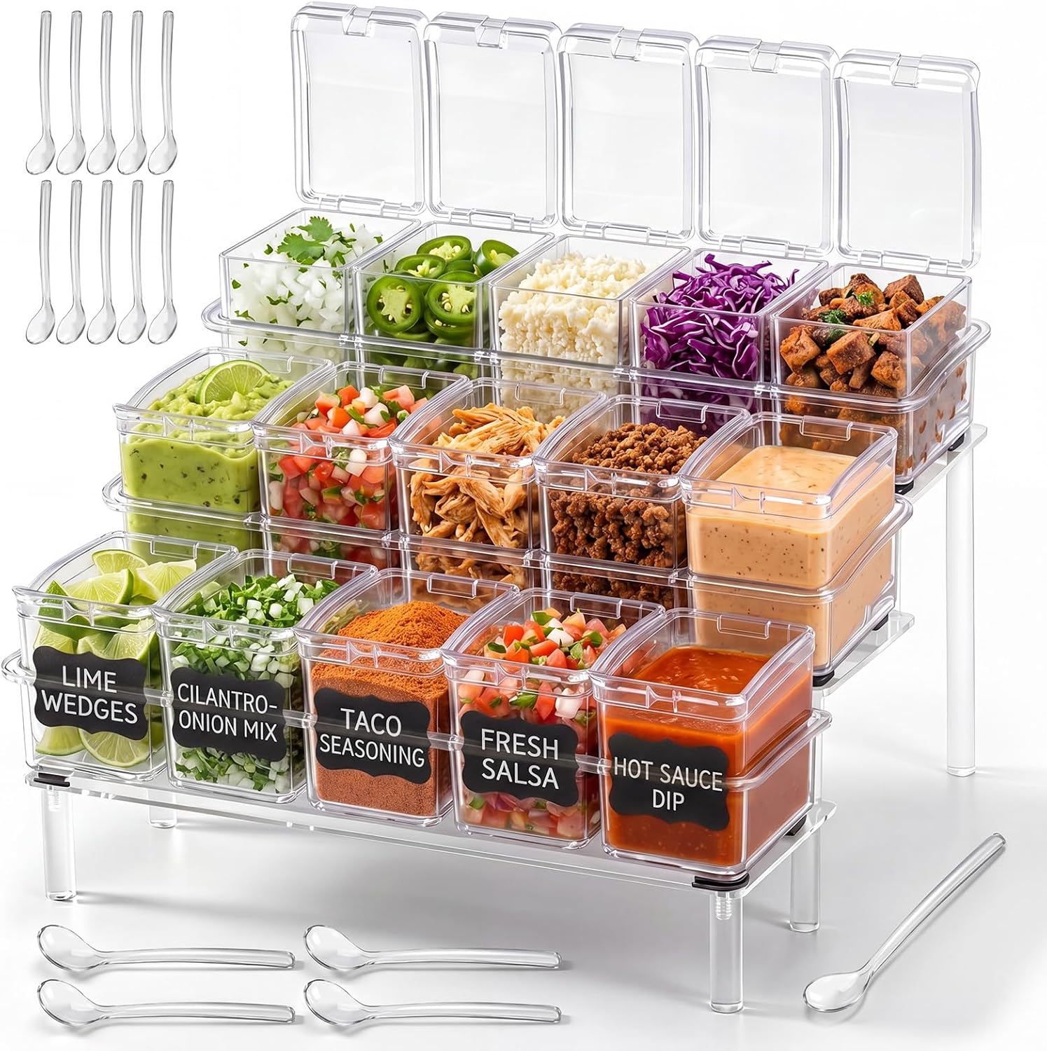 3 Sets Clear Ice Cream Toppings Containers with Lids and Spoons Condiment Boxes with Acrylic Rack Taco Bar Serving Set for Mexican Burrito Toppings Spice Salads (5 Cell)