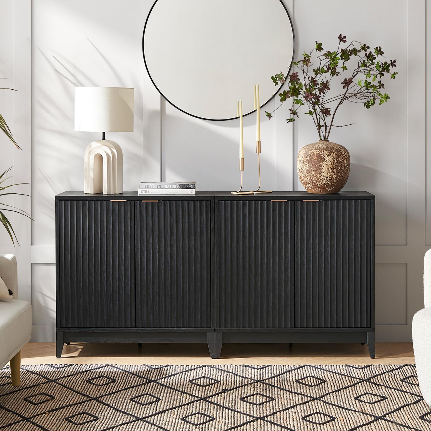 mopio Brooklyn Storage Cabinet, Modern Farmhouse Entryway Accent Case, Buffet Sideboard, Console Table, Credenza, Wood Modular Organizer with Doors & Shelf, Fluted Panel Cupboard (Black, Set of 2) Set of 2 Black Wave Fluted Cabinet