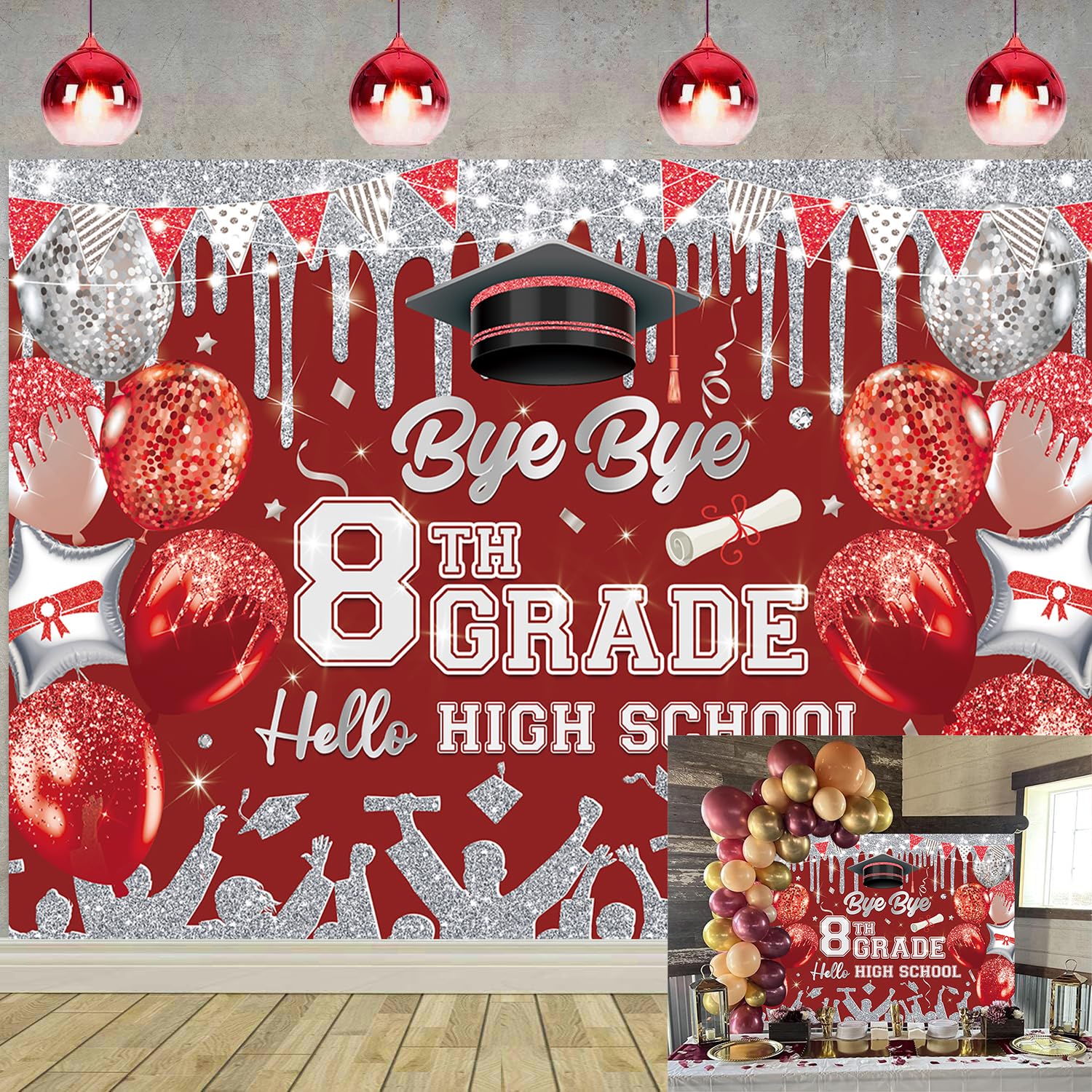 8TH Grade Graduation Decorations 2025 Backdrop for Bye Bye 8TH Grade Hello High School Photo Booth Background 8th Grade Graduation Prom Party Supplies