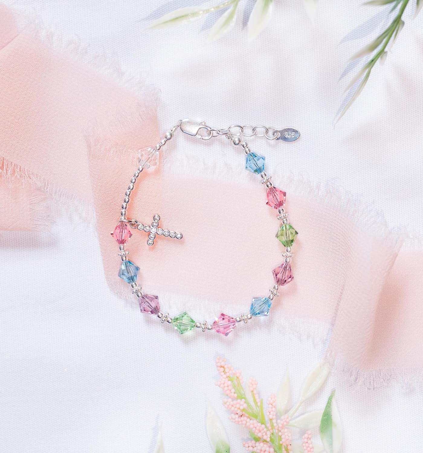 Precious Pieces Children's 925 Sterling Silver First Communion Rosary Bracelet with Crystals and Cross for Girls (6-6.5")