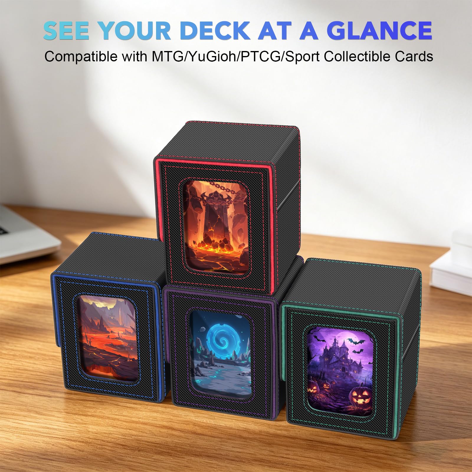 4 Pièces Boîte de Deck Magnétique MTG Commander, Étui en Cuir PU pour Cartes à Collectionner TCG, Peut contenir 100 Cartes sous Double Protection par boîte, Noir‑Rouge/Vert/Violet/Bleu