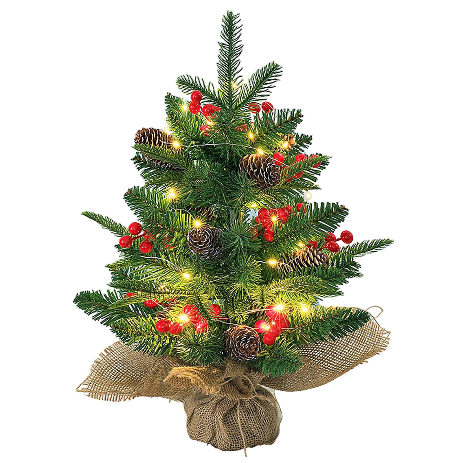 Árbol de Navidad Artificial,Mini 60cm Árbol De Navidad Realista con Luces LED y Base De Arpillera,PVC Decoración de Mesa con Conos de Pino y Ornamentos de Bayas,Decoración de Mesa Navideña
