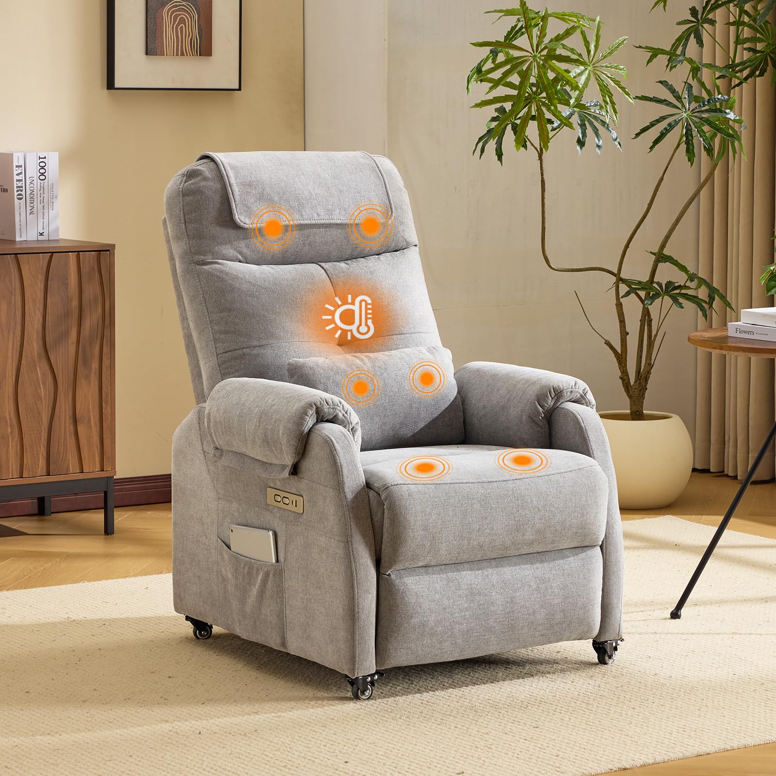 Bonnlo - Sillón de masaje con 6 puntos de masaje y calefacción, respaldo y reposapiés ajustable automáticamente, equipado con reposacabezas y cojín, color gris claro