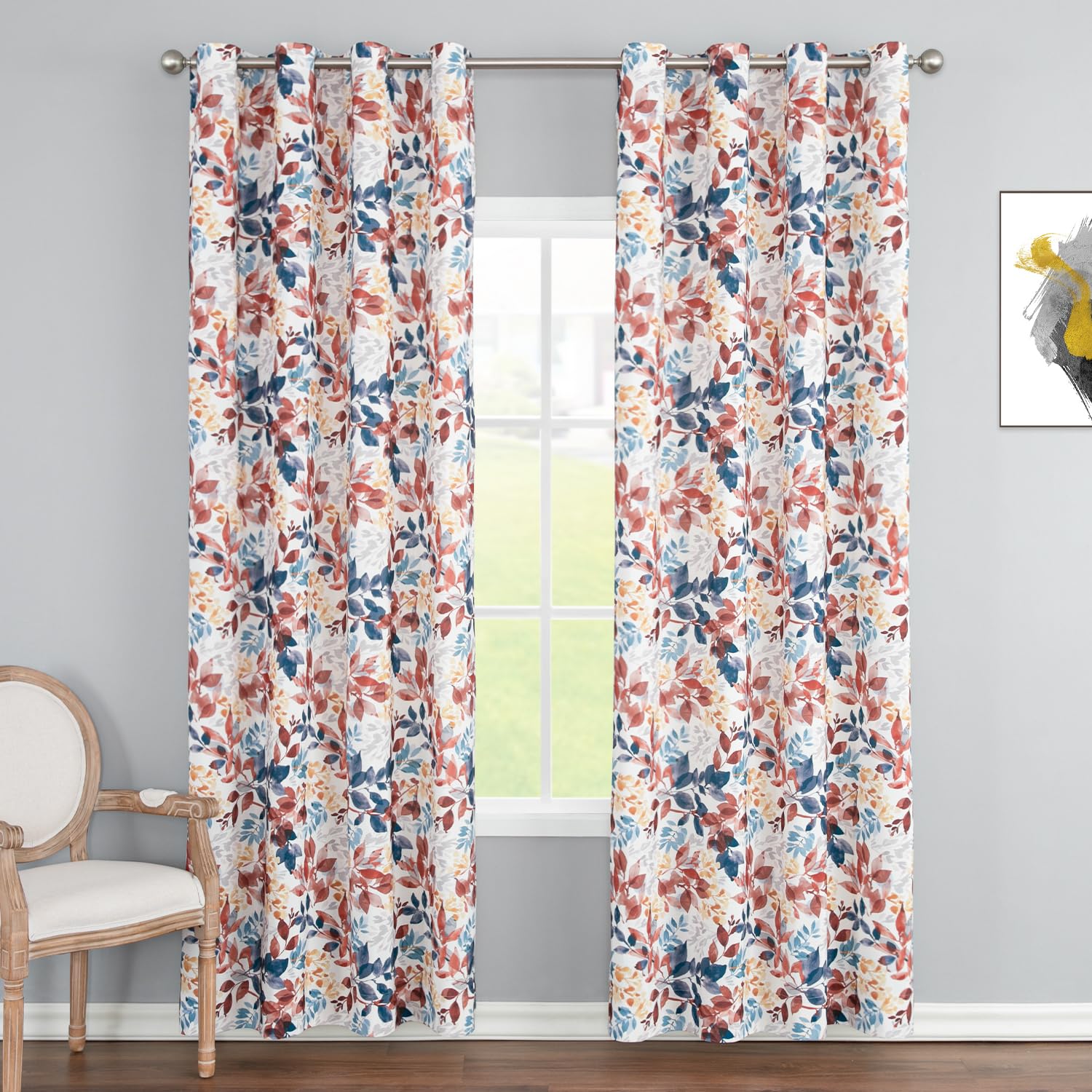Leeva Windows Curtains for Guest Room, Delicate Vivid Leaves Pattern Print Light Filtering Window Panel Curtain Set for Living Room Home Office Studio, 2 Panels, 52 x 84 Inches