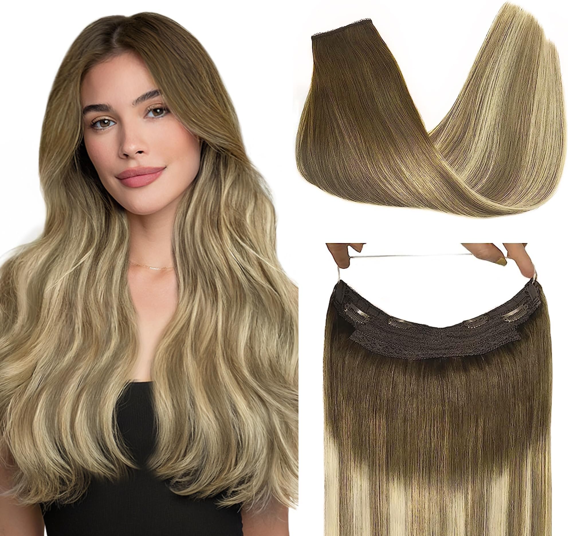 GOO GOO Halo Extensions Remy Human Hair Extensions Ombre Walnut Brown to Ash Brown and Bleach Blonde 80g 16 Inch Invisible Wire Flip Hair Extensions Couture Hairpiece with Secrect Fish Line