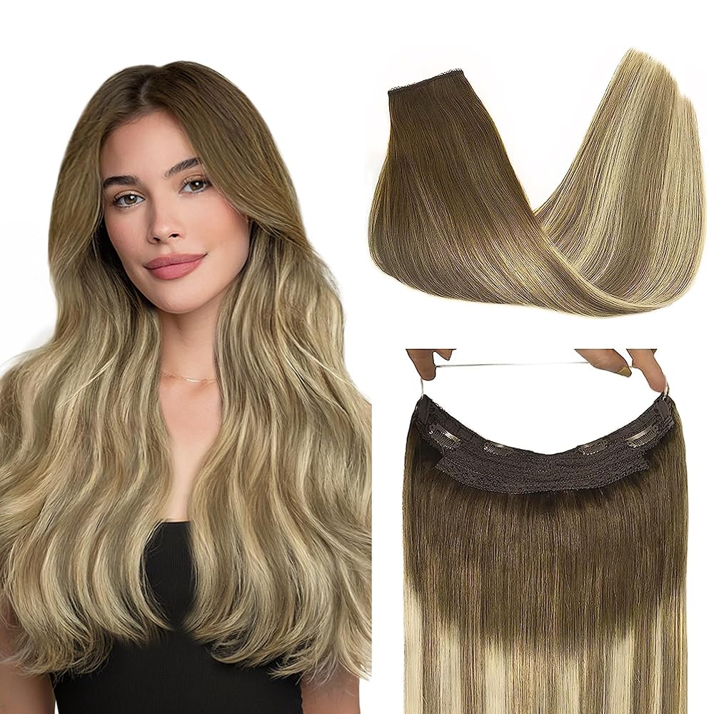 GOO GOO Wire Hair Extensions Human Hair, 3/8/613 Walnut Brown with Ash Brown and Bleach Blonde Balayage 12inch 70g, Invisible Wire Hair Extensions with Transparent, Seamless Fish Line Hairpiece