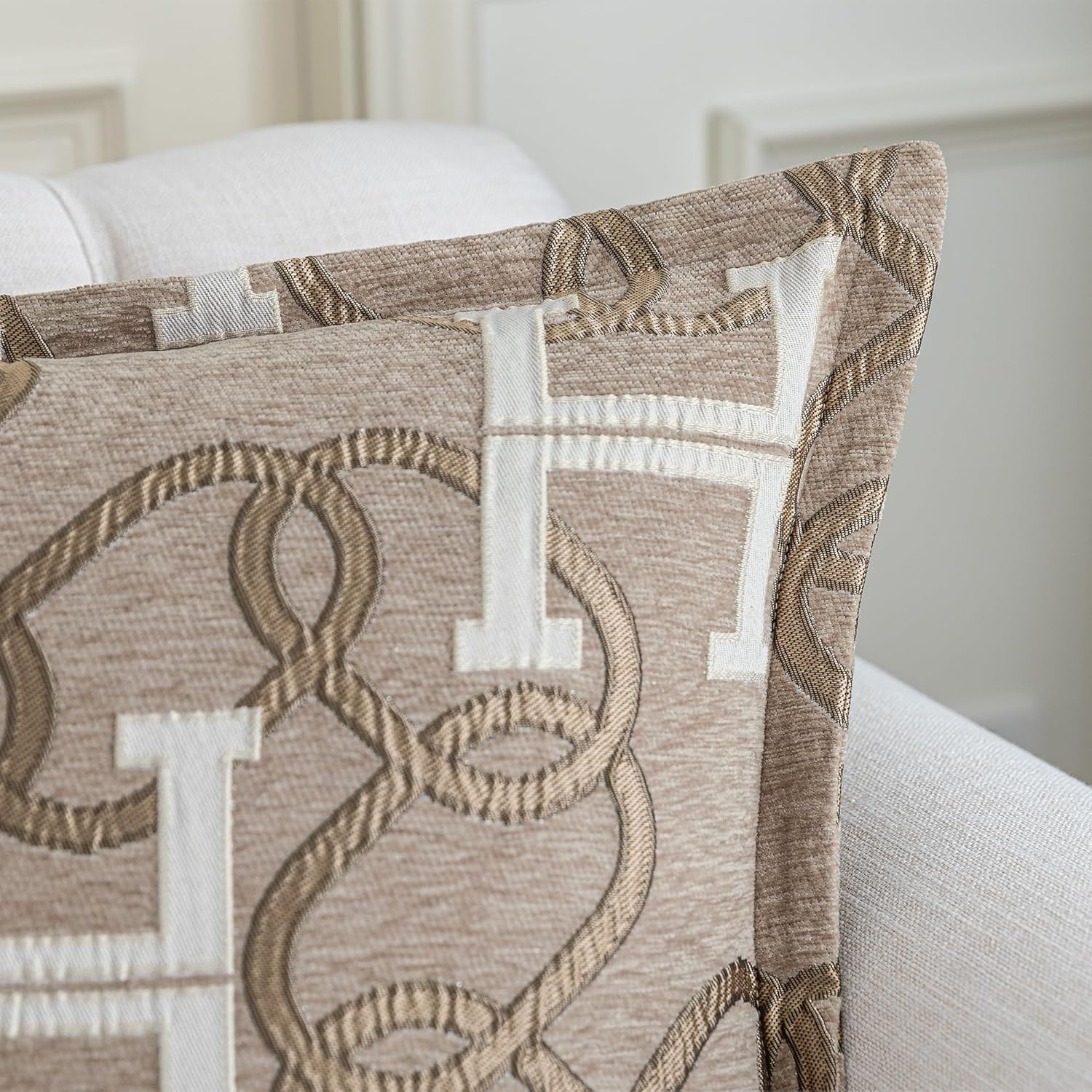 Modern Letter H Throw Pillow Covers 20x20 Inches, 1-Piece Chain Pattern Jacquard Decorative Pillow Cover, Luxury Chic Decor Soft Chenille Pillowcase for Couch Sofa Living Room Chair(Taupe)