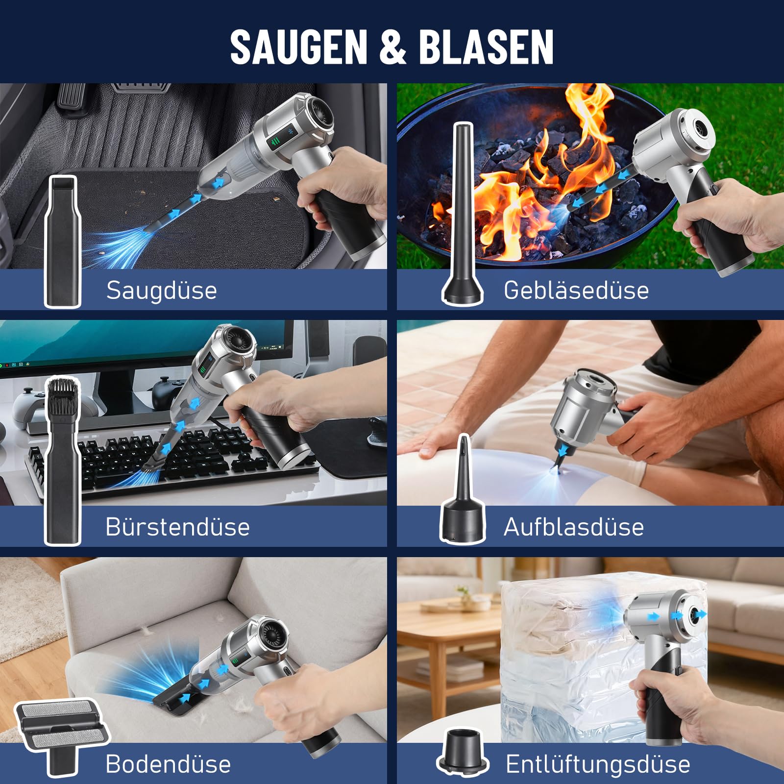 Aspirador de Coche Inalámbrico 16000Pa, 4 en 1 Aspirador de Mano con Batería 6000mAh, Plegable con Indicador de Batería LED y 9 Boquillas para Coche, Hogar, Oficina y Mascotas