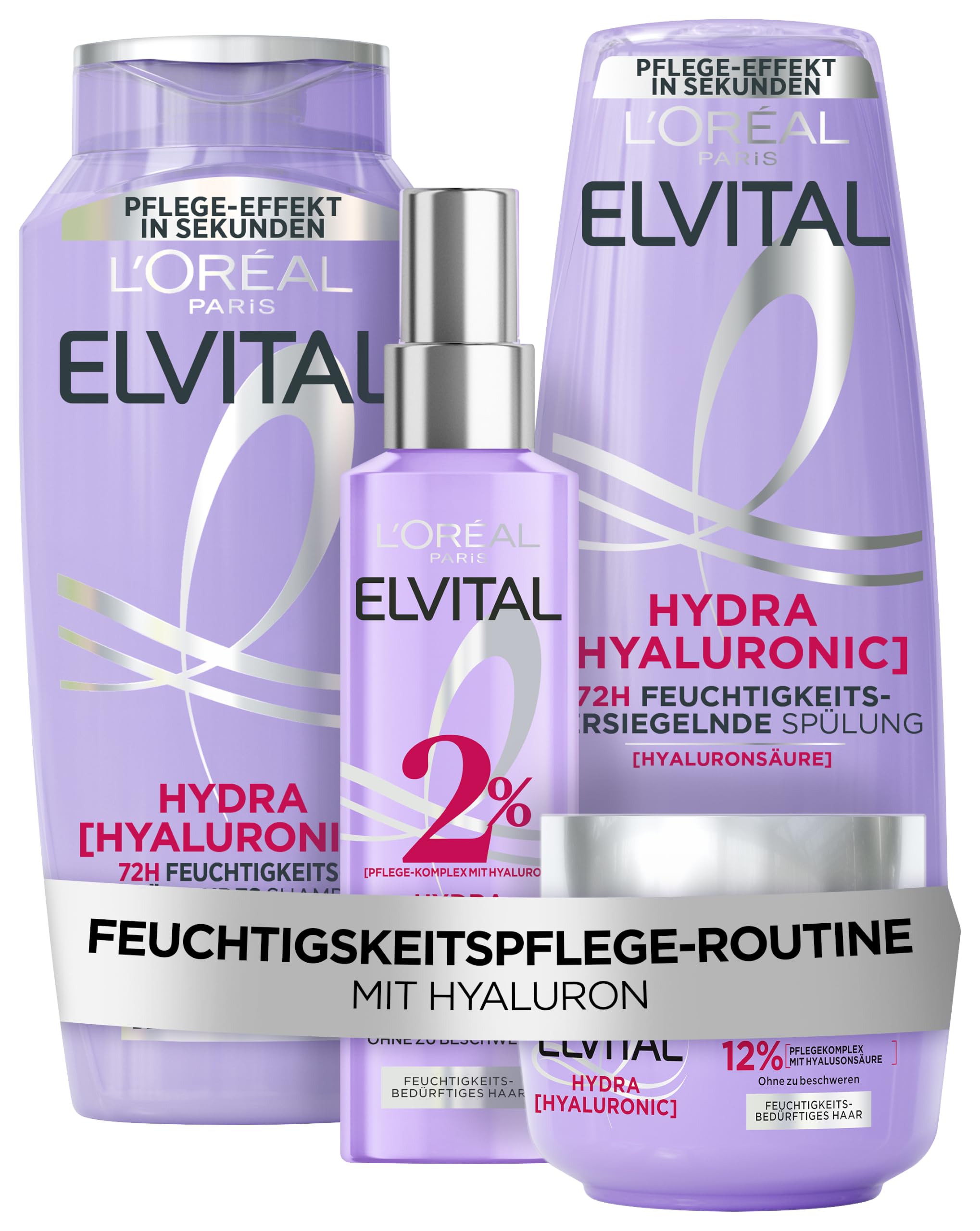 L'Oréal Paris Elvital Haarpflege-Routine für feuchtigkeitsbedürftiges Haar: Hydra Hyaluronic Set mit Hyaluronsäure, Shampoo 300ml, Spülung 250ml, Serum 150ml und Maske 300ml
