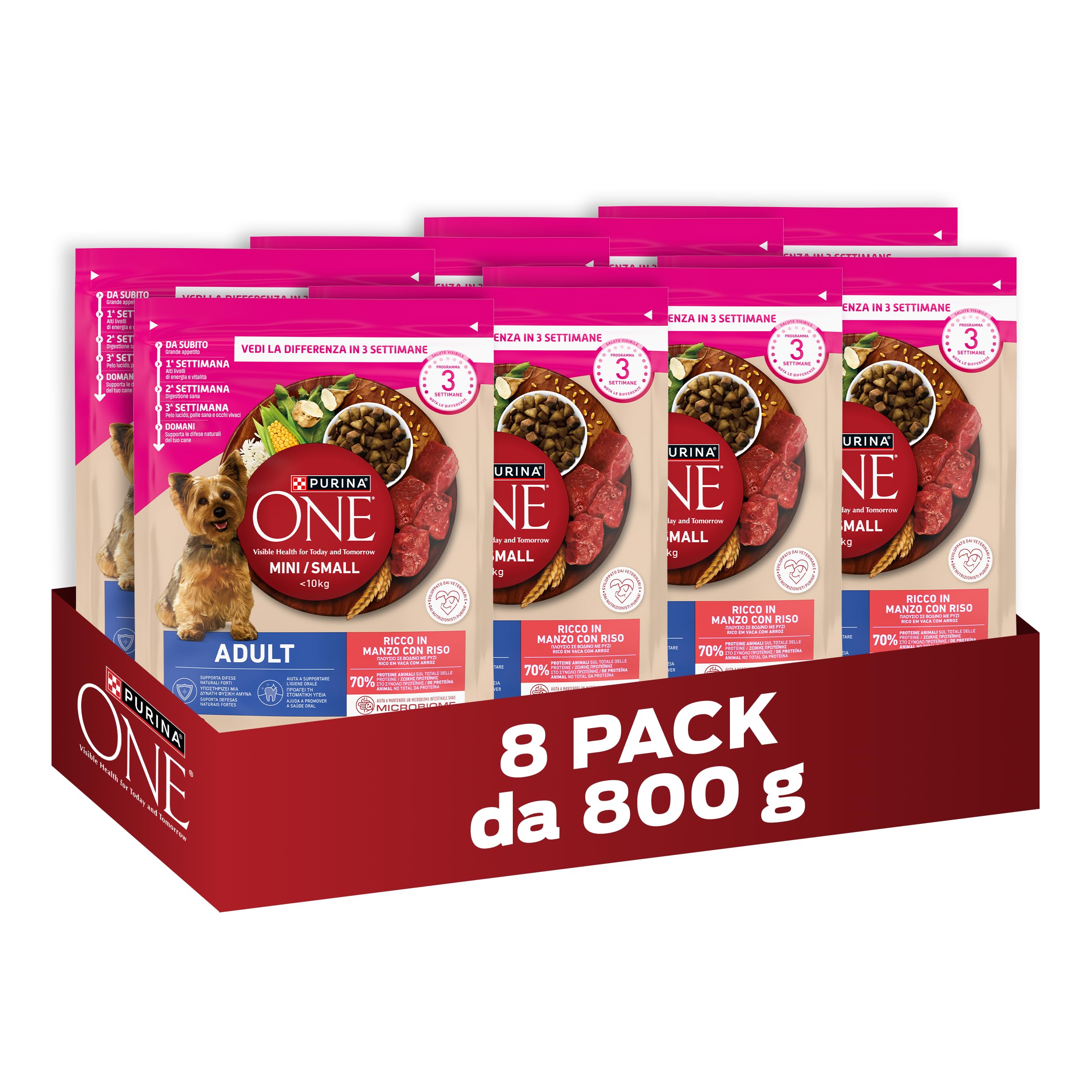PURINA ONE Mini Small Crocchette per Cani Adulti Ricco in Manzo 8 Sacchi da 800g