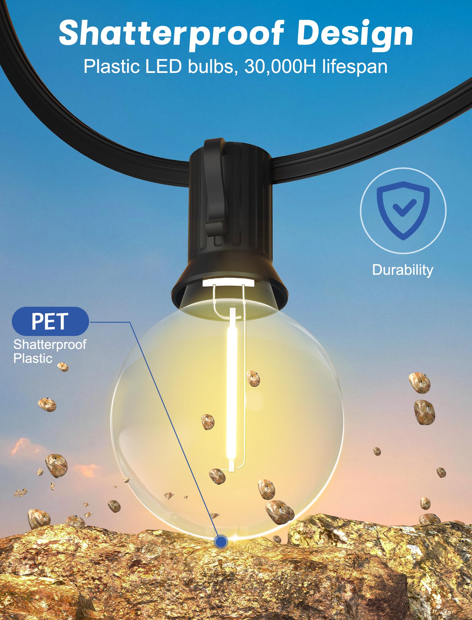 G40 - Tira de luces LED para exteriores, impermeable, inastillable, 25 pies, luces de globo para exteriores con 25 luces LED de plástico transparente para cafetería, bistró, porche, pérgola 5