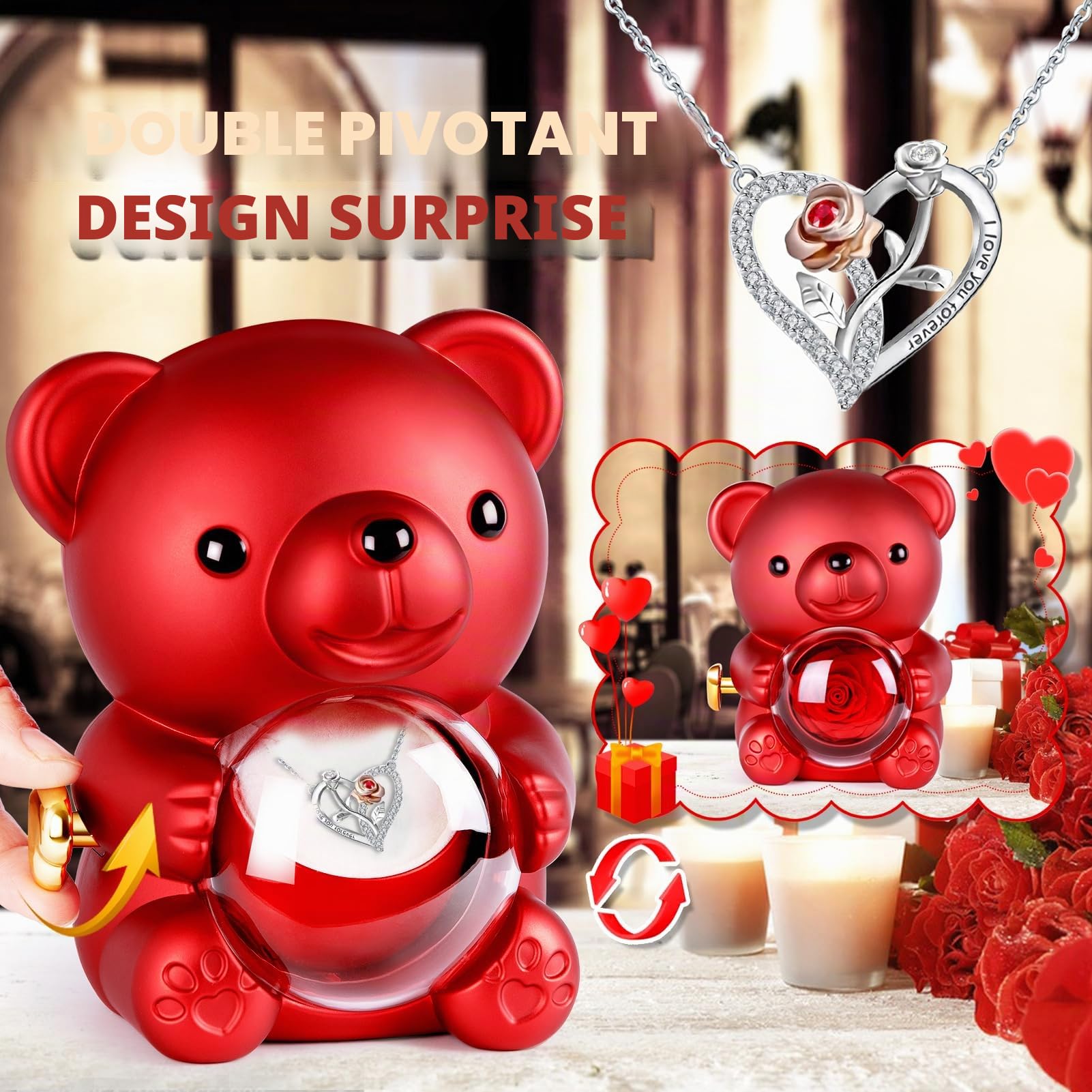 Ours Rose Eternelle Boîte à Bijoux Cachée - Ourson Rose Eternelle de Noël, Boite a Musique Cadeau pour Femme, Cadeau Noel Femme Original Utile, Saint-Valentin, Anniversaire