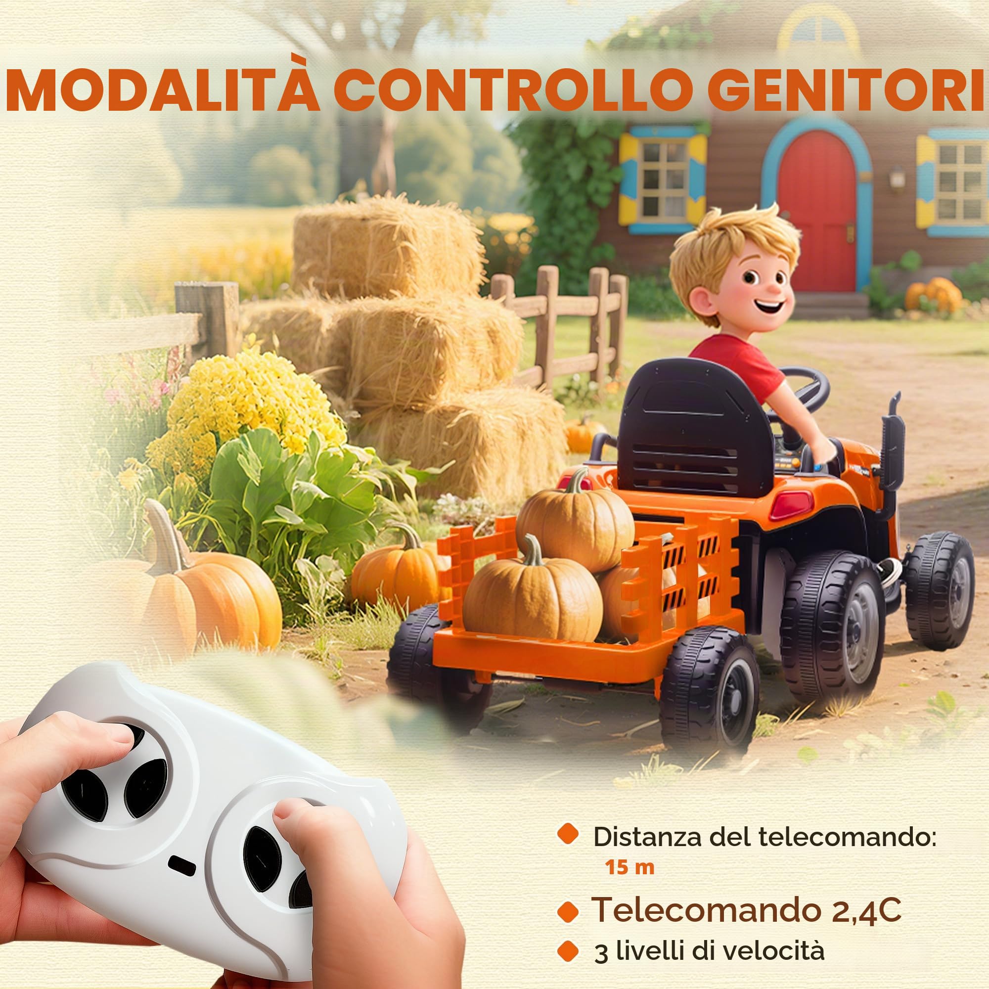 AIYAPLAY Trattore Elettrico Bambini Rimorchio 2 Motori 3-5 km/h Arancione | Trattore elettrico con telecomando, 3 velocità, musica, clacson, avvio morbido, suono avviamento, età 3-8.