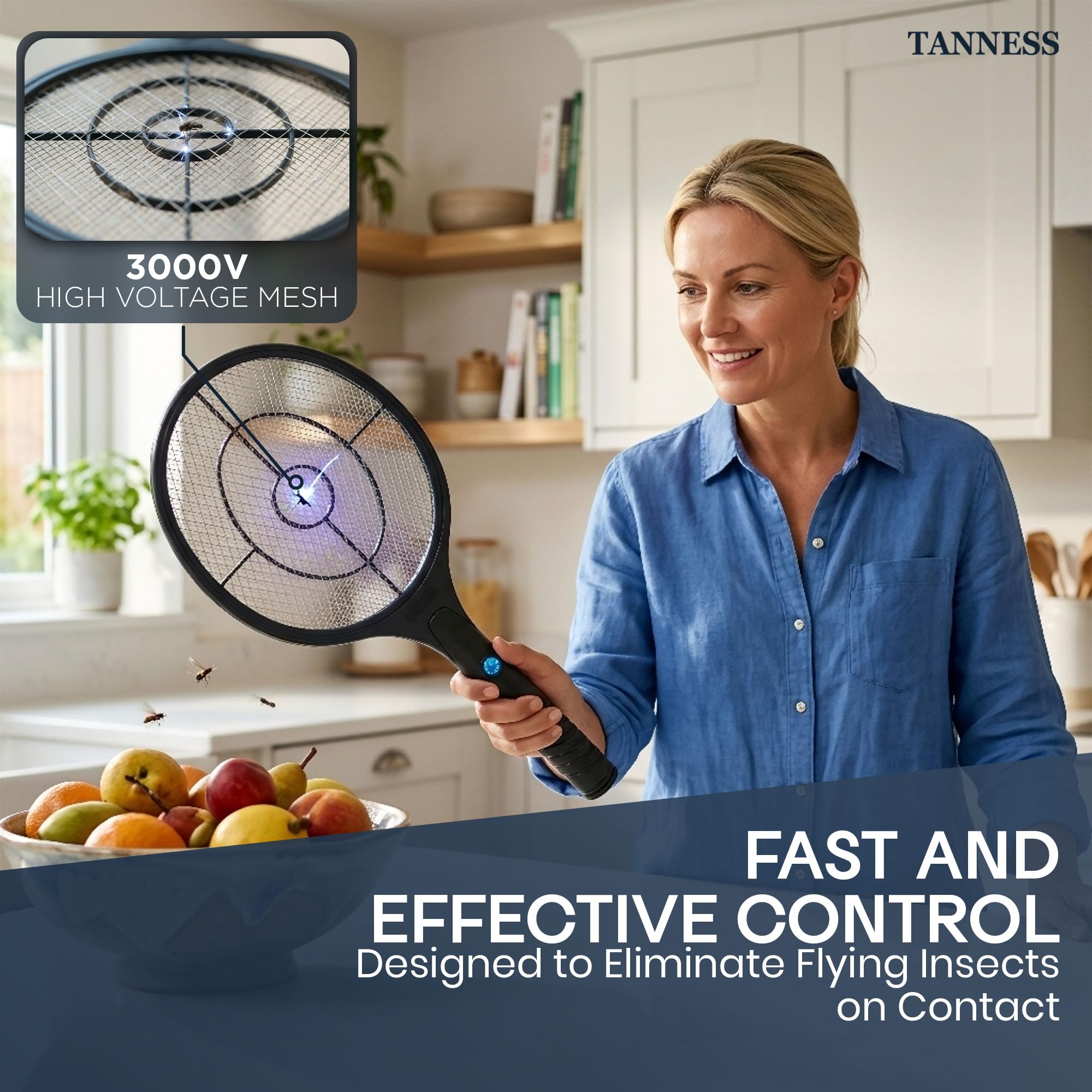 Tanness 1-Pack 3000V Rechargeable Electric Fly Zapper Racket, 22 x 50 cm, USB-C Charging, 4V 300mAh Battery, Indoor and Outdoor Use, 3-Layer Safety Mesh - 3