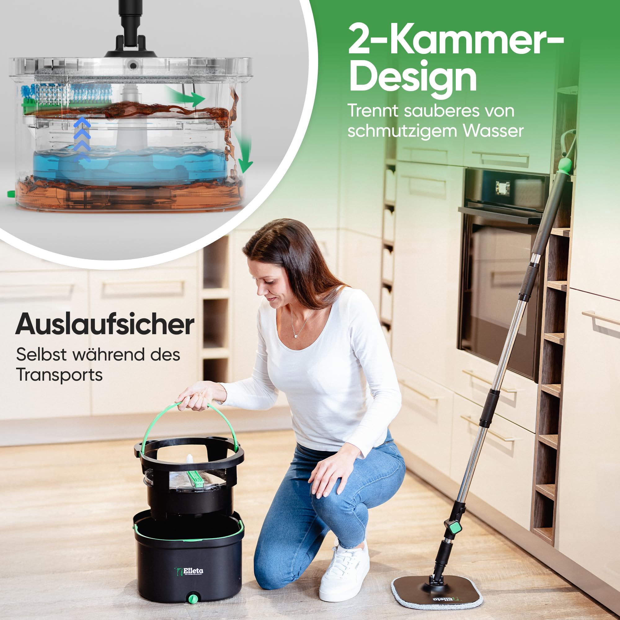Wischmopp Set mit Eimer - 360° drehbarer Wischer für den Boden, Bodenwischer Mop Set & Wischeimer | Innovative Mikrofaser-Pads als Staub- & Schmutzmagnet, Wischmop & Putzeimer mit 2-Kammer-System