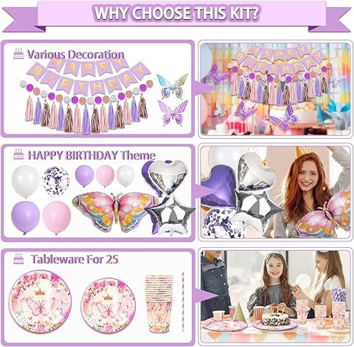 Miniatura 4 de Guudmua Juego de 222 piezas de decoraciones de cumpleaños de mariposa, decoración de cumpleaños morada y rosa para niñas, juego de vajilla
