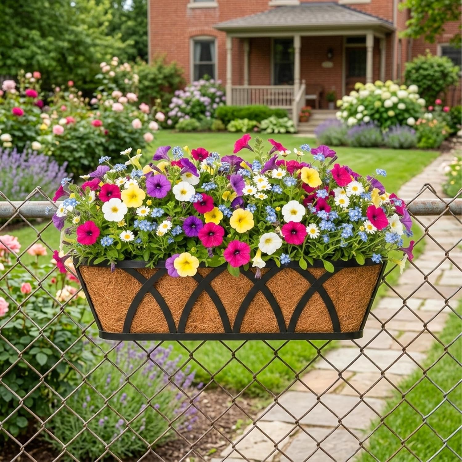 24 Inch Window Box Railing Planter Boxes with Coconut Liner,Black Metal Hanging Flower Planter Window Boxes Horse Trough for Outdoor Garden Lawn,2 Packs