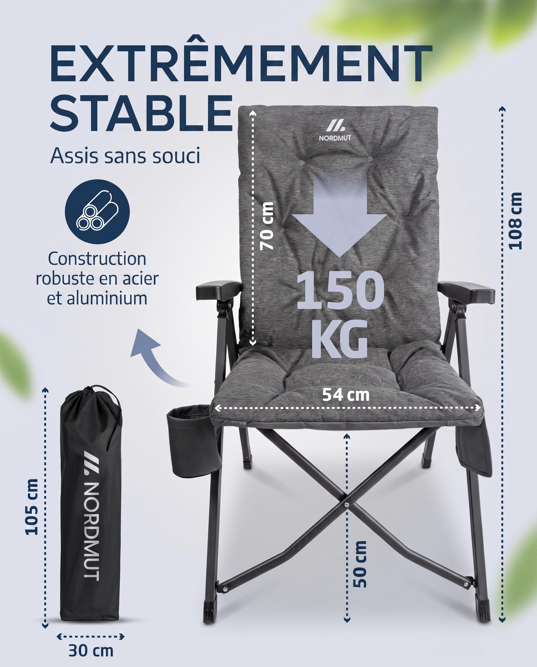 NORDMUT® Chaise de Camping Premium Pliante avec Dossier Haut – Stable réglable en 4 Positions – Chaise de Jardin Confortable supportant 140 kg pour Camping & Outdoor (Gris cendré 1x)