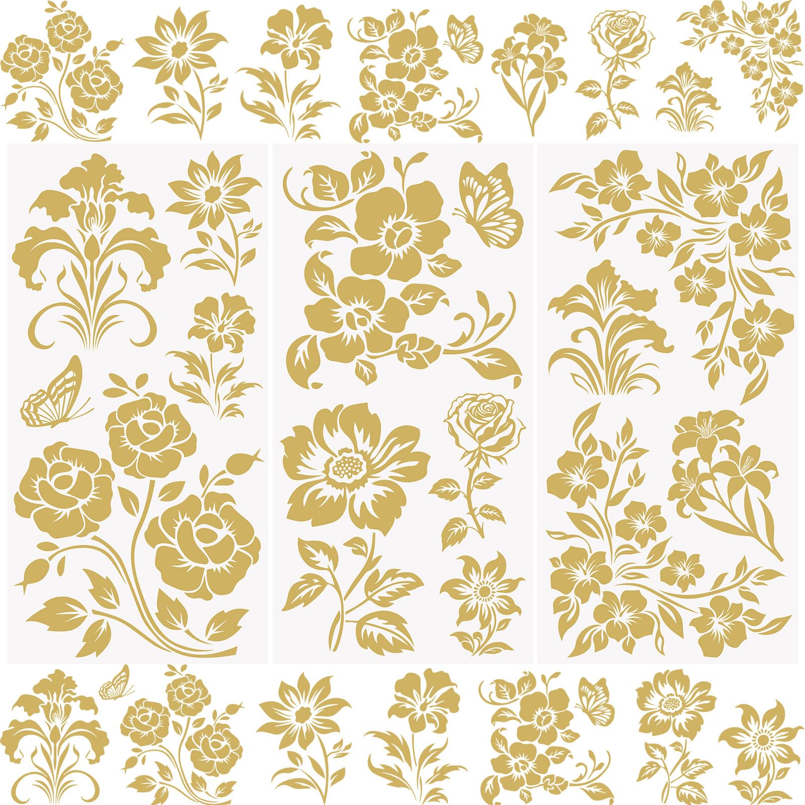 WANDIC 3 Sheets Golden Flowers Rub on Transfer Stickers Waterproof Vintage Butterfly Transfer Decals Floral Stickers for Crafts Furniture DIY Crafts Decoration,15 * 30cm