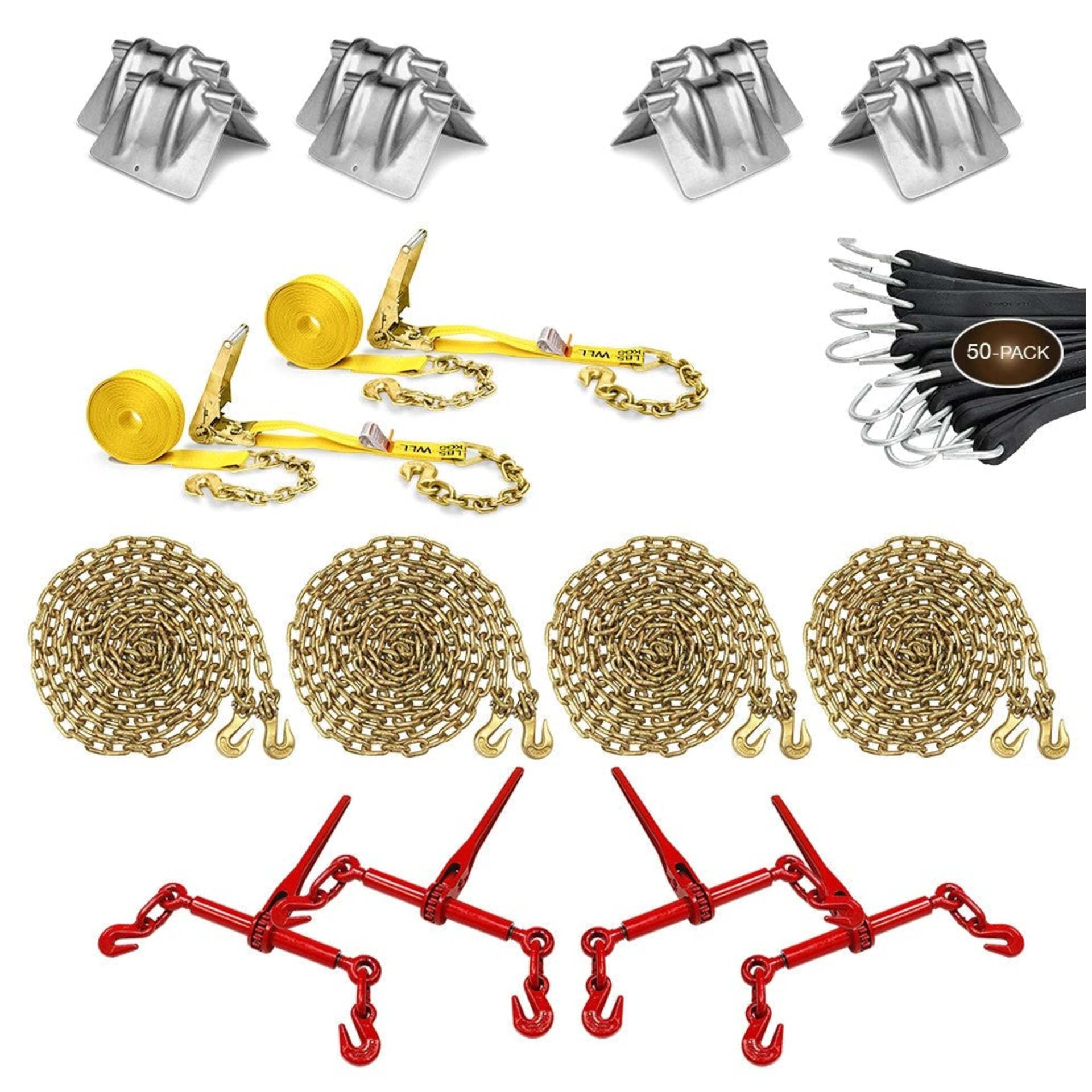 DC Cargo Flatbed Tie Down Kit for Heavy Hauling - 68 Pieces - 5/16 Inch Grade 70 Chain, Ratchet Binders, Ratchet Straps, Natural Rubber Straps, Corner Protectors