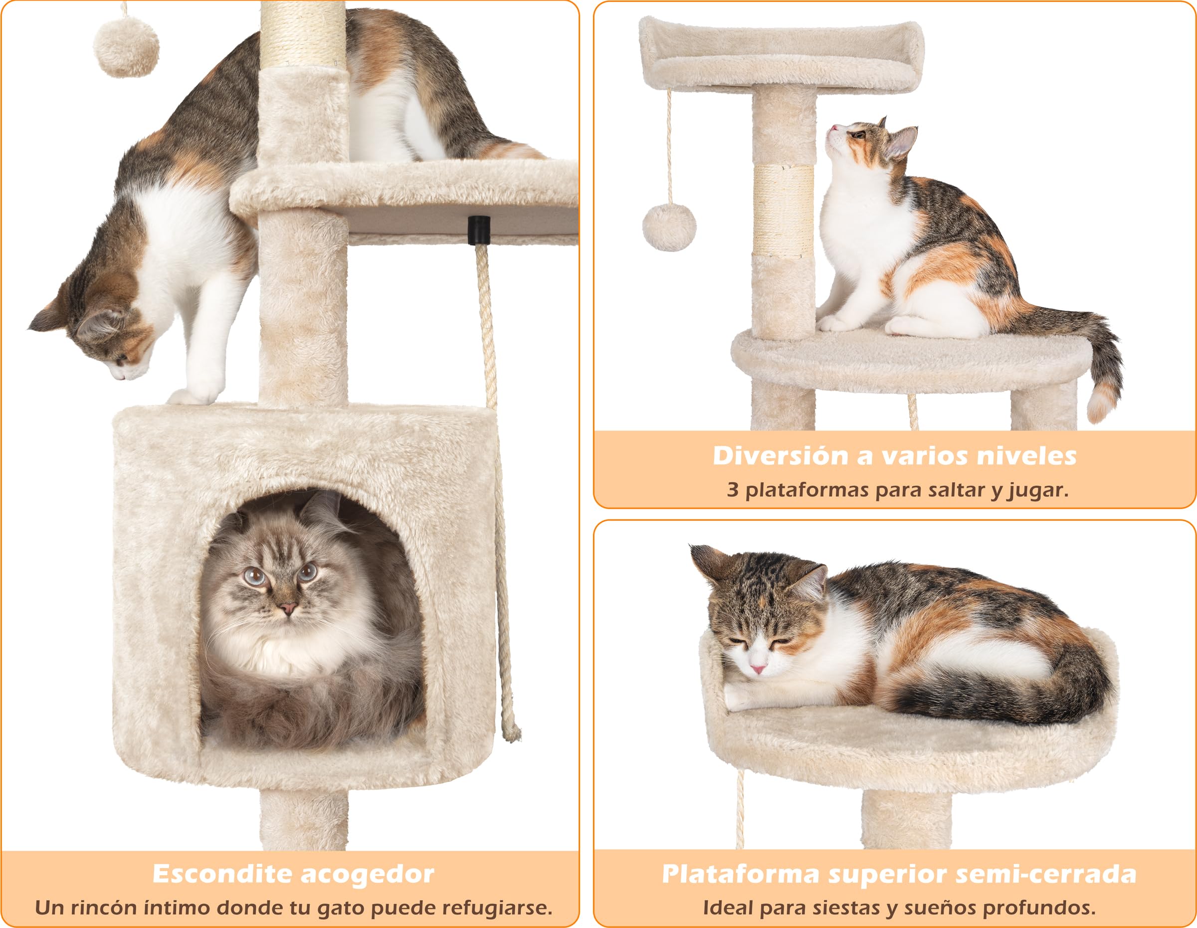 Rascador para Gatos,Árbol Rascador para de 112 cm y múltiples Niveles Estable con 4 Postes de sisal,3 Plataformas,1 Cama,Torre Gatos para Jueguen y Descansen-Beige
